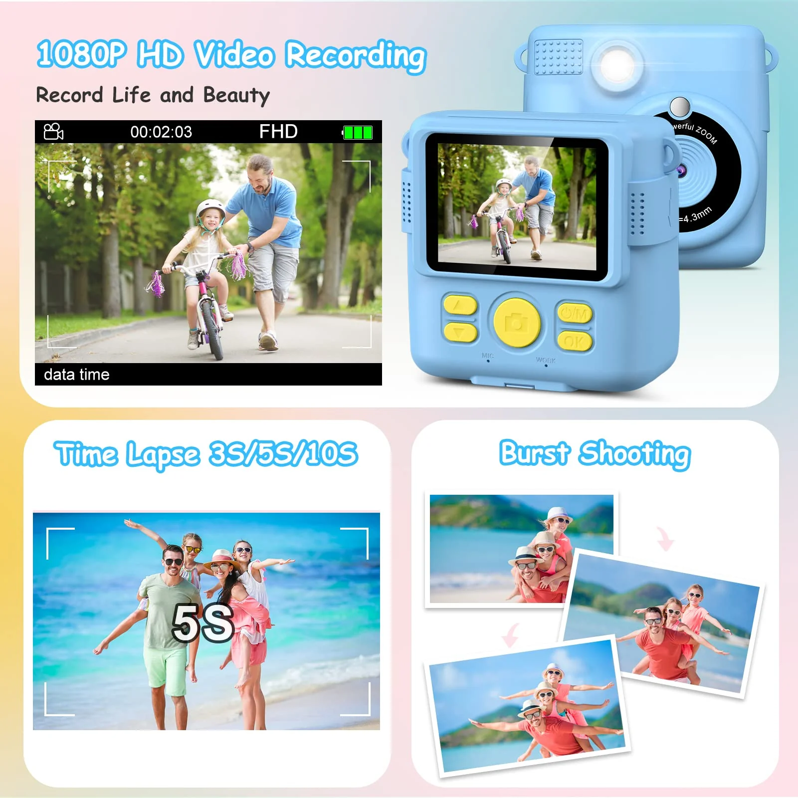 Instant Print Camera for Kids,GREENKINDER Kids Instant Camera, Birthday Gifts for Girls Boys,2.4-Inch/1080P with 32GB Card and Print Card for Girls 3-12 years old (Blue) Blue - Image 4