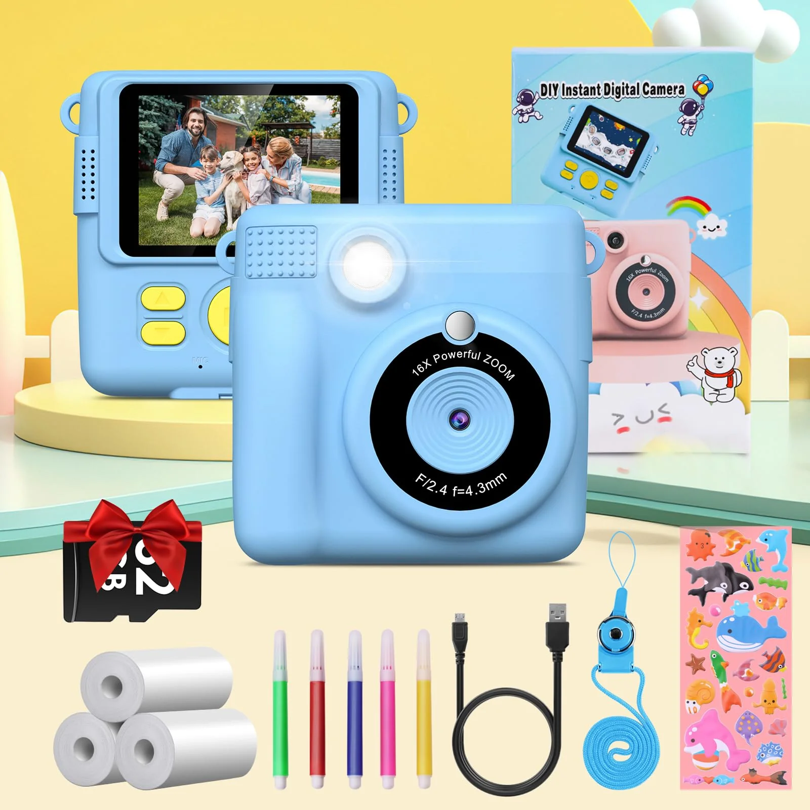 Instant Print Camera for Kids,GREENKINDER Kids Instant Camera, Birthday Gifts for Girls Boys,2.4-Inch/1080P with 32GB Card and Print Card for Girls 3-12 years old (Blue) Blue - Image 7