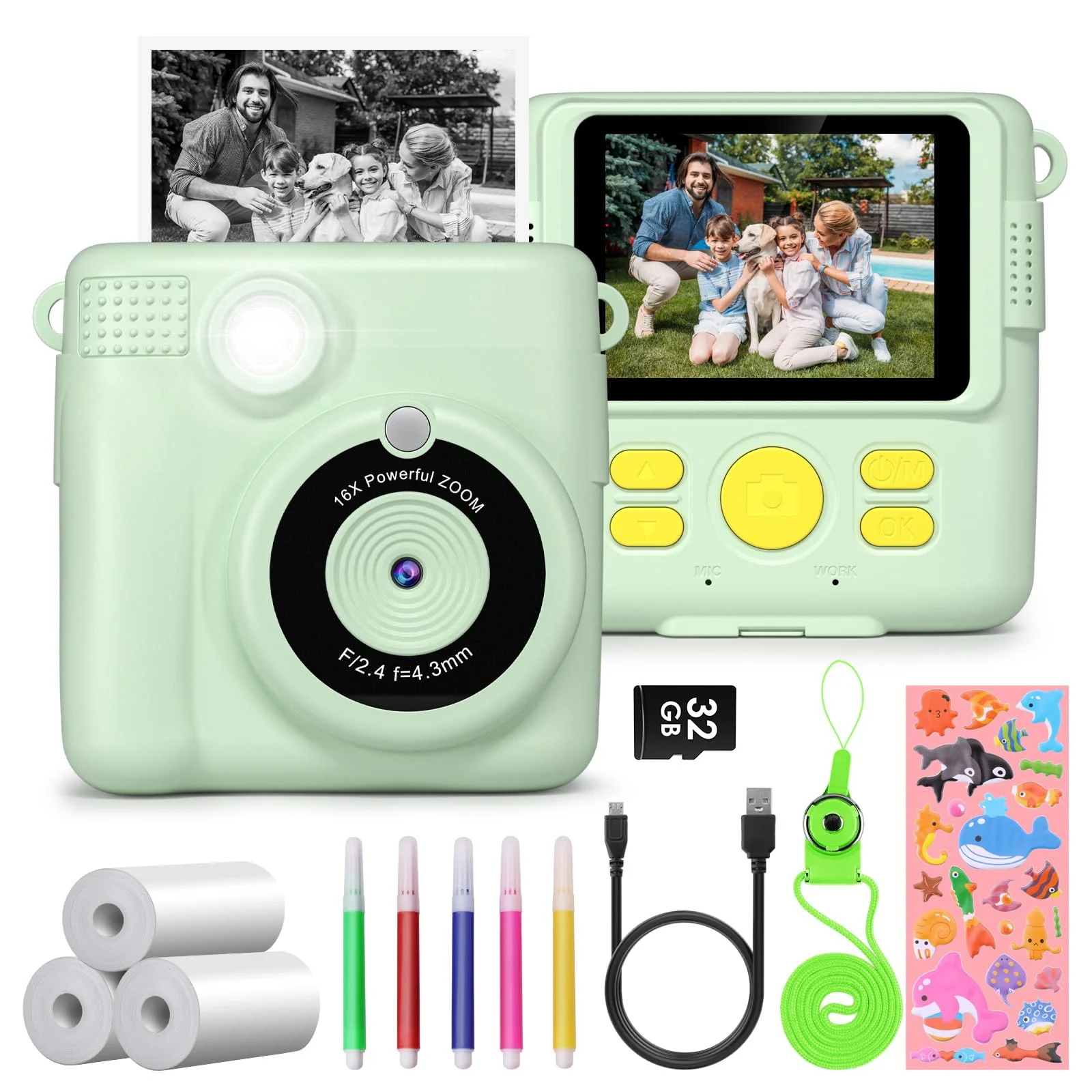 Instant Print Camera for Kids,GREENKINDER Kids Instant Camera, Birthday Gifts for Girls Boys,2.4-Inch/1080P with 32GB Card and Print Card for Girls 3-12 years old (Greener) Green
