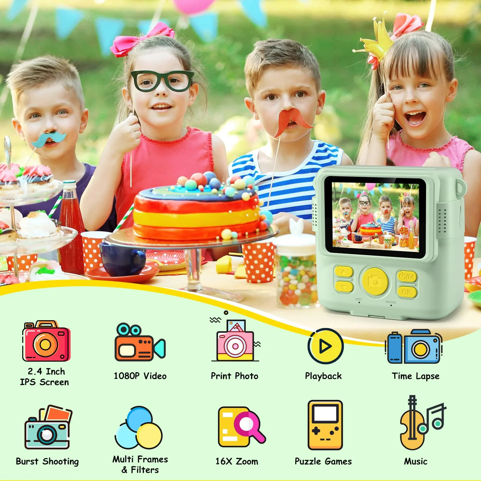 Instant Print Camera for Kids,GREENKINDER Kids Instant Camera, Birthday Gifts for Girls Boys,2.4-Inch/1080P with 32GB Card and Print Card for Girls 3-12 years old (Greener) Green - Image 2