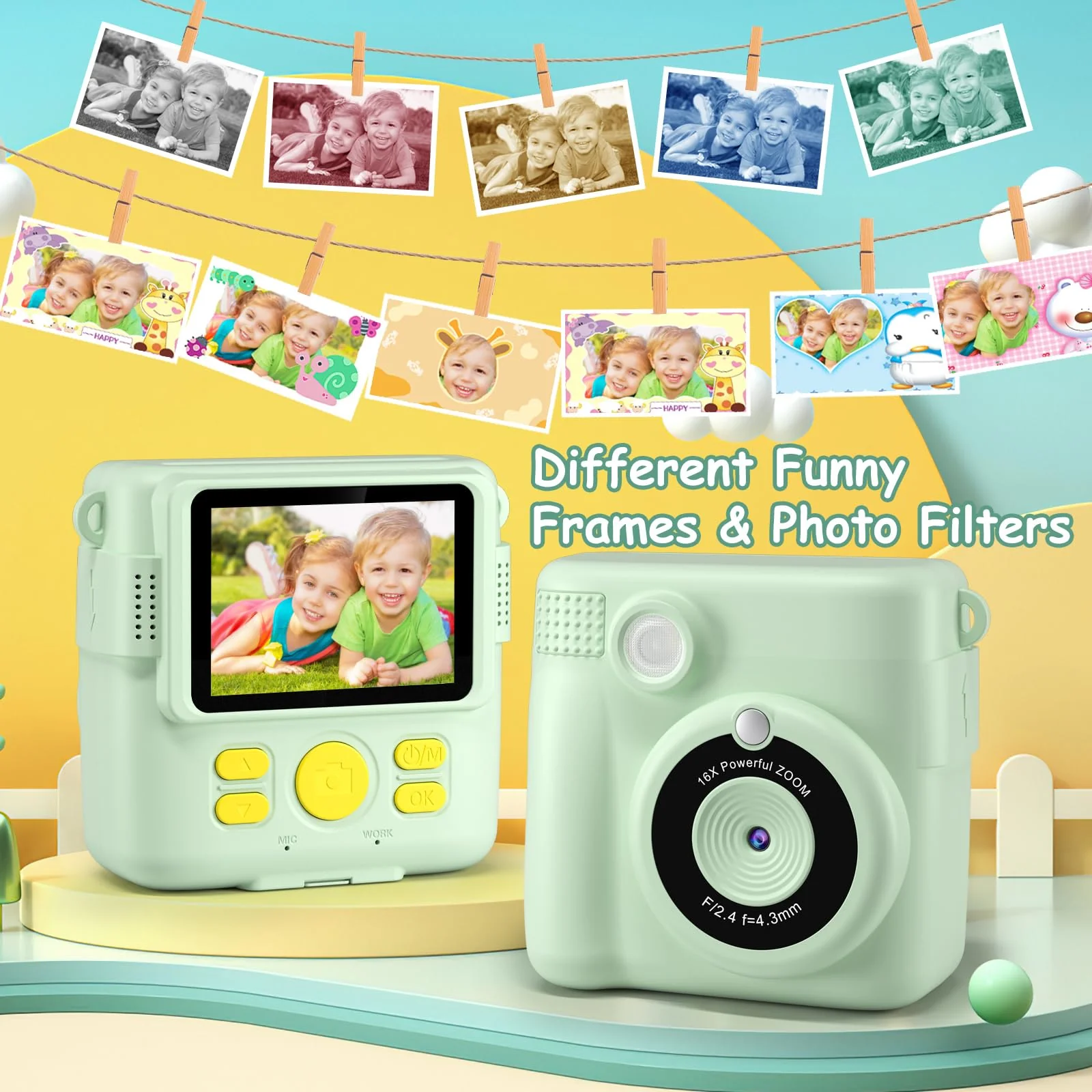 Instant Print Camera for Kids,GREENKINDER Kids Instant Camera, Birthday Gifts for Girls Boys,2.4-Inch/1080P with 32GB Card and Print Card for Girls 3-12 years old (Greener) Green - Image 3