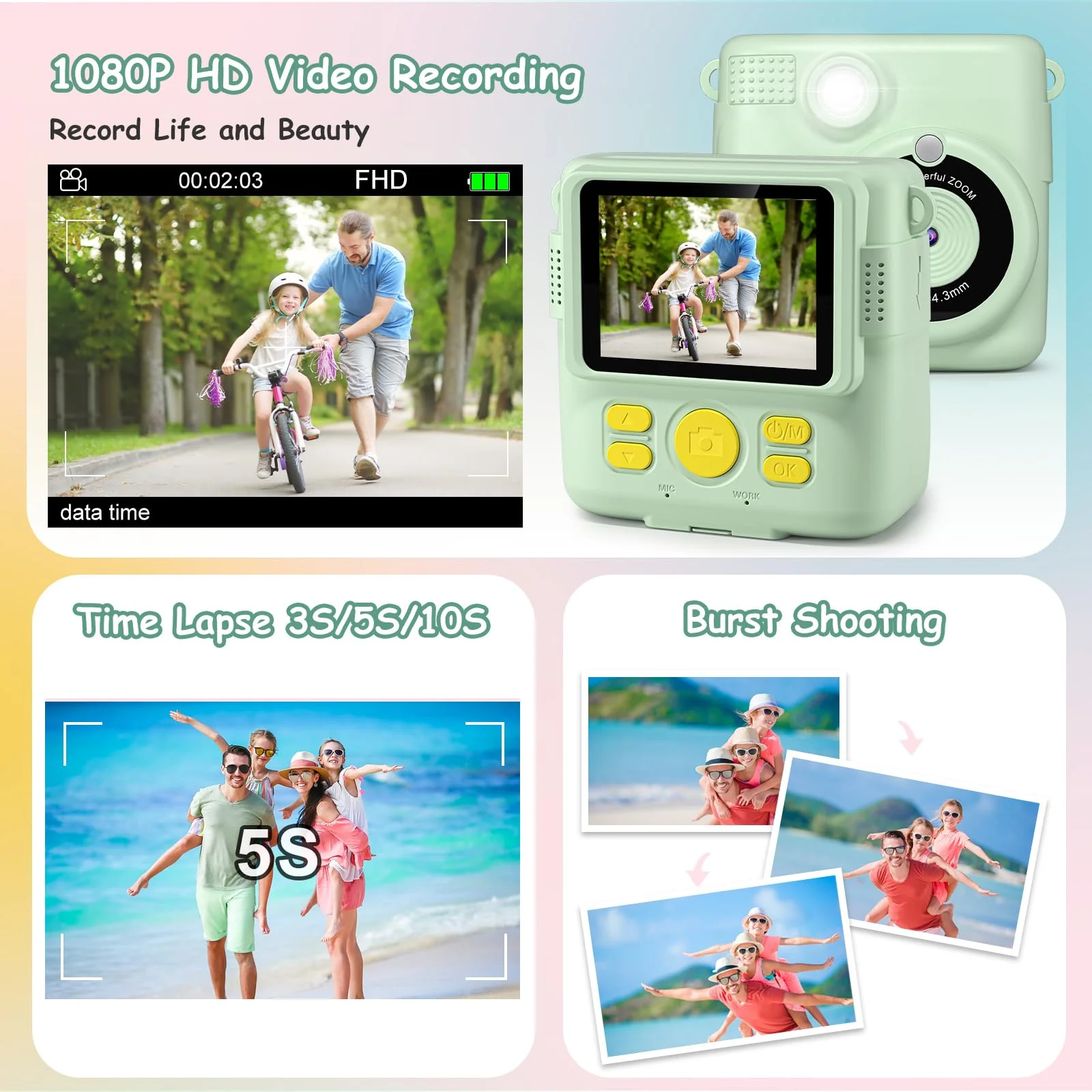 Instant Print Camera for Kids,GREENKINDER Kids Instant Camera, Birthday Gifts for Girls Boys,2.4-Inch/1080P with 32GB Card and Print Card for Girls 3-12 years old (Greener) Green - Image 4