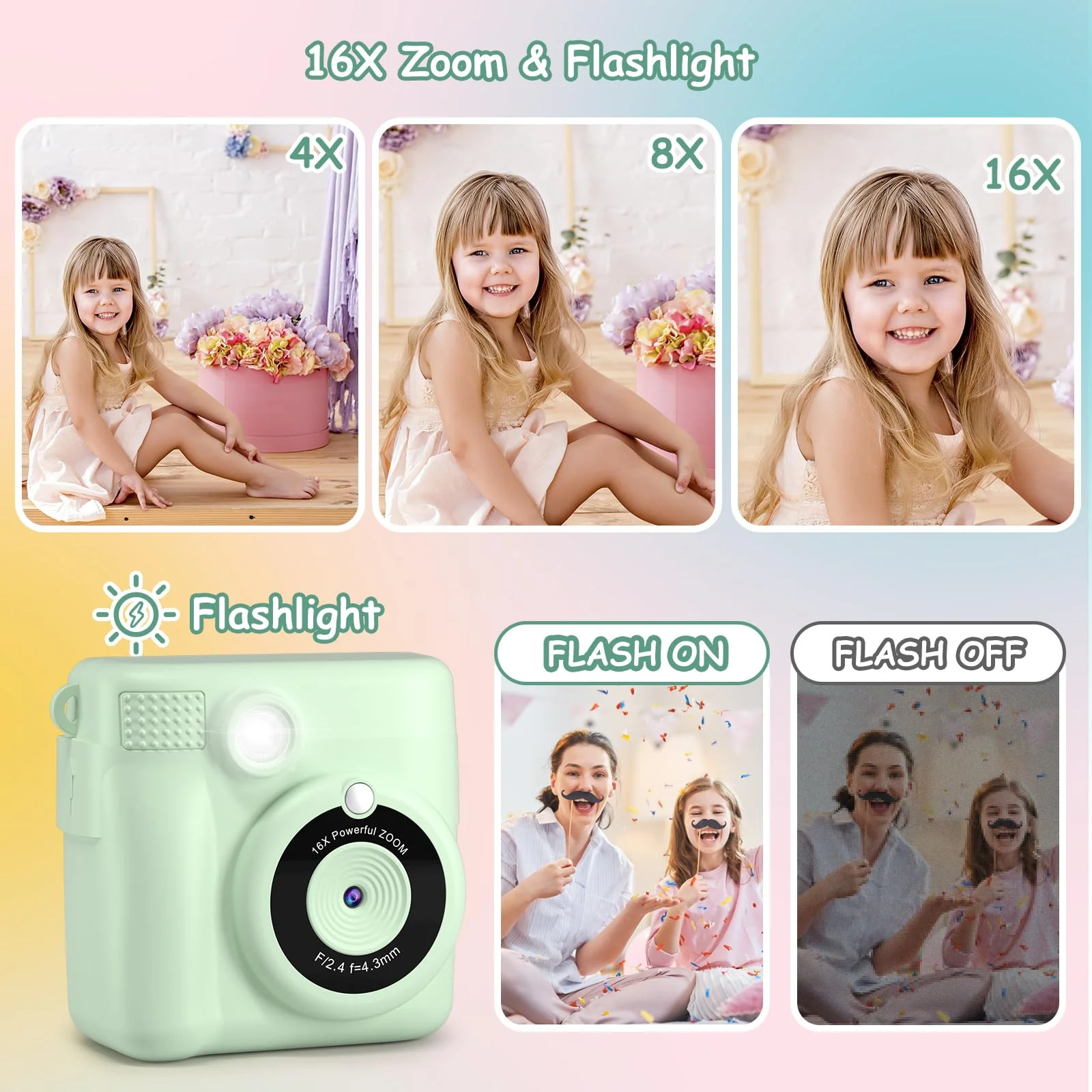 Instant Print Camera for Kids,GREENKINDER Kids Instant Camera, Birthday Gifts for Girls Boys,2.4-Inch/1080P with 32GB Card and Print Card for Girls 3-12 years old (Greener) Green - Image 5