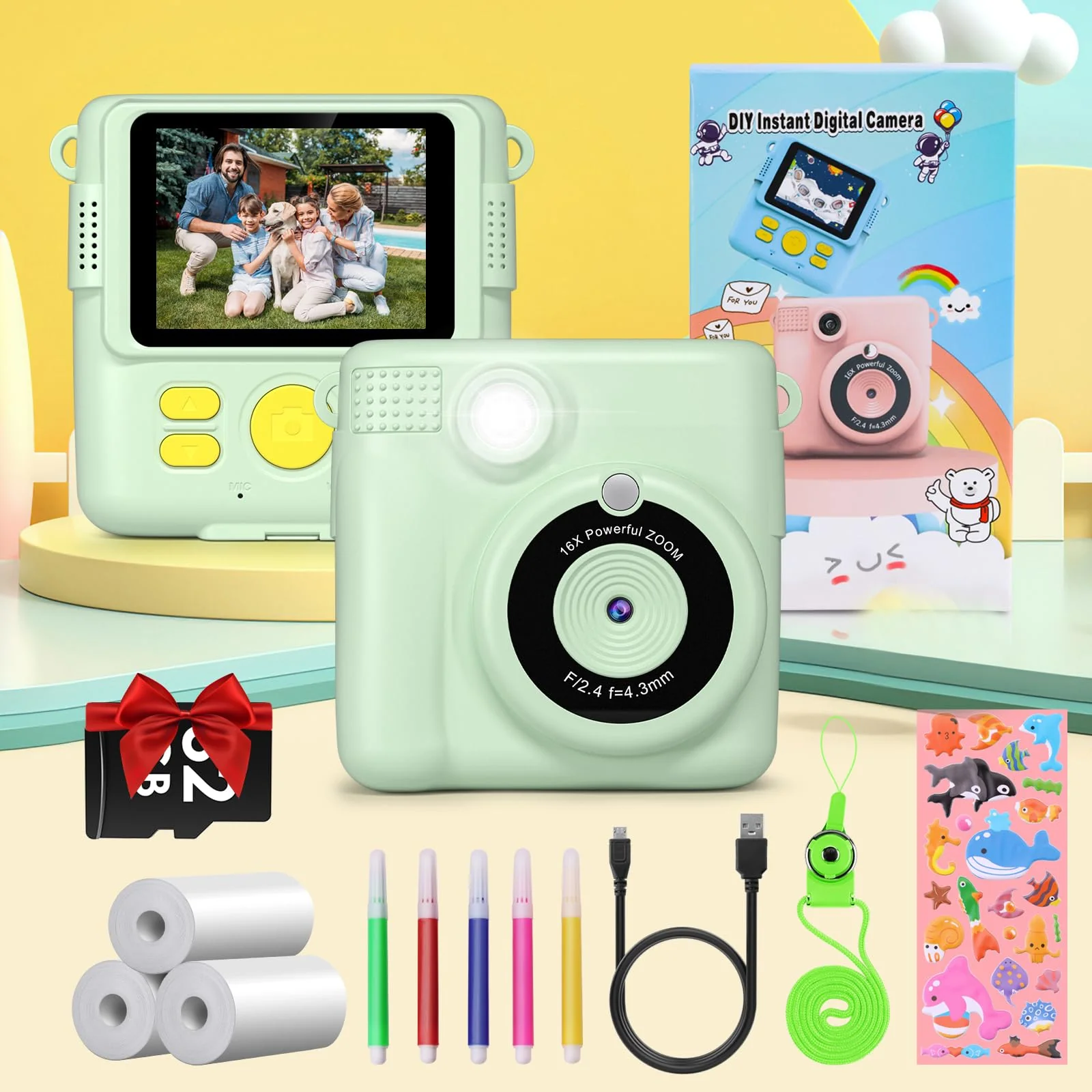 Instant Print Camera for Kids,GREENKINDER Kids Instant Camera, Birthday Gifts for Girls Boys,2.4-Inch/1080P with 32GB Card and Print Card for Girls 3-12 years old (Greener) Green - Image 7