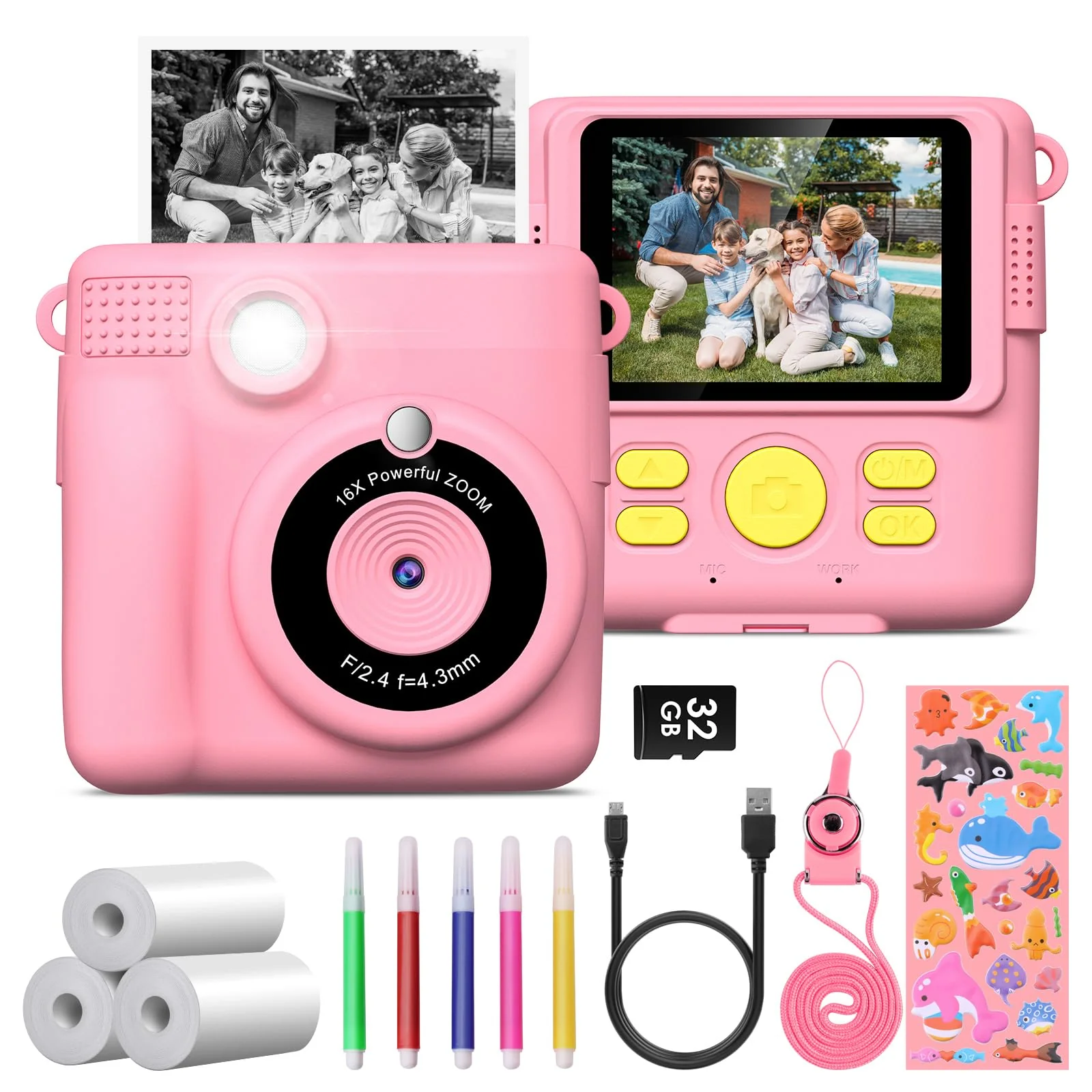 Instant Print Camera for Kids,GREENKINDER Kids Instant Camera, Birthday Gifts for Girls Boys,2.4-Inch/1080P with 32GB Card and Print Card for Girls 3-12 years old (Pink) Pink