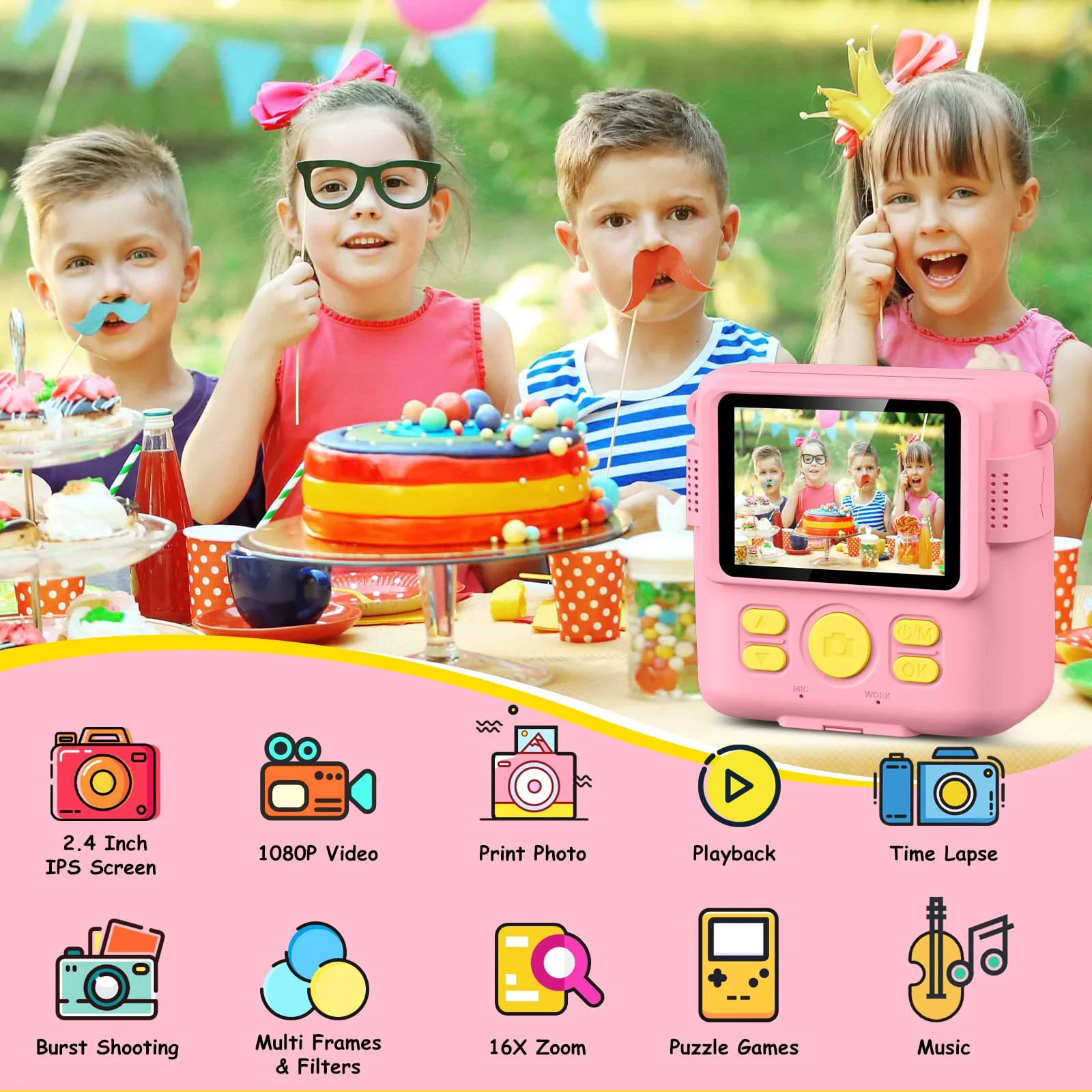 Instant Print Camera for Kids,GREENKINDER Kids Instant Camera, Birthday Gifts for Girls Boys,2.4-Inch/1080P with 32GB Card and Print Card for Girls 3-12 years old (Pink) Pink - Image 2