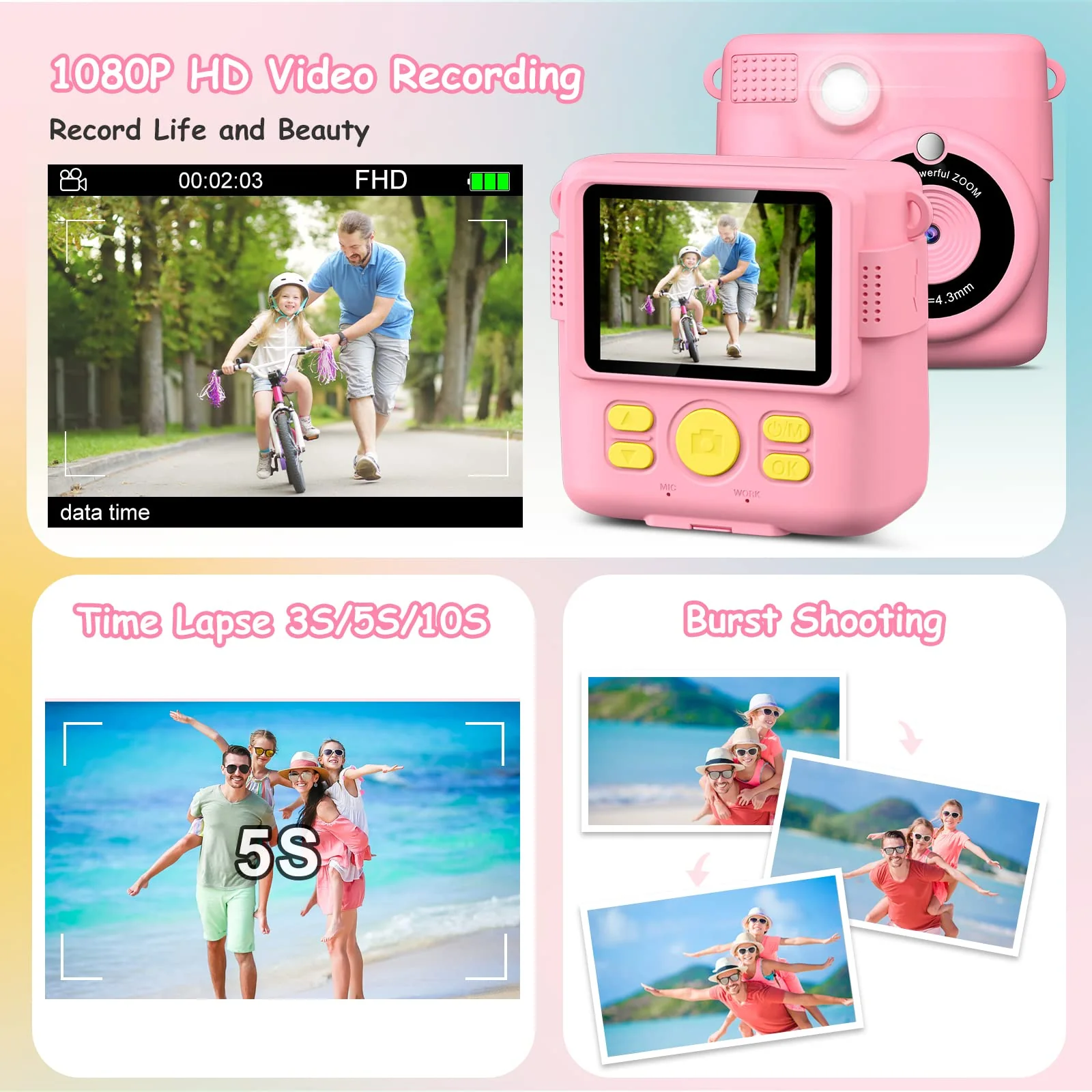 Instant Print Camera for Kids,GREENKINDER Kids Instant Camera, Birthday Gifts for Girls Boys,2.4-Inch/1080P with 32GB Card and Print Card for Girls 3-12 years old (Pink) Pink - Image 4