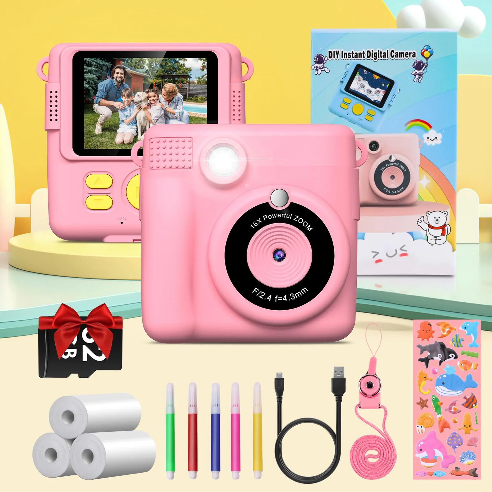 Instant Print Camera for Kids,GREENKINDER Kids Instant Camera, Birthday Gifts for Girls Boys,2.4-Inch/1080P with 32GB Card and Print Card for Girls 3-12 years old (Pink) Pink - Image 7