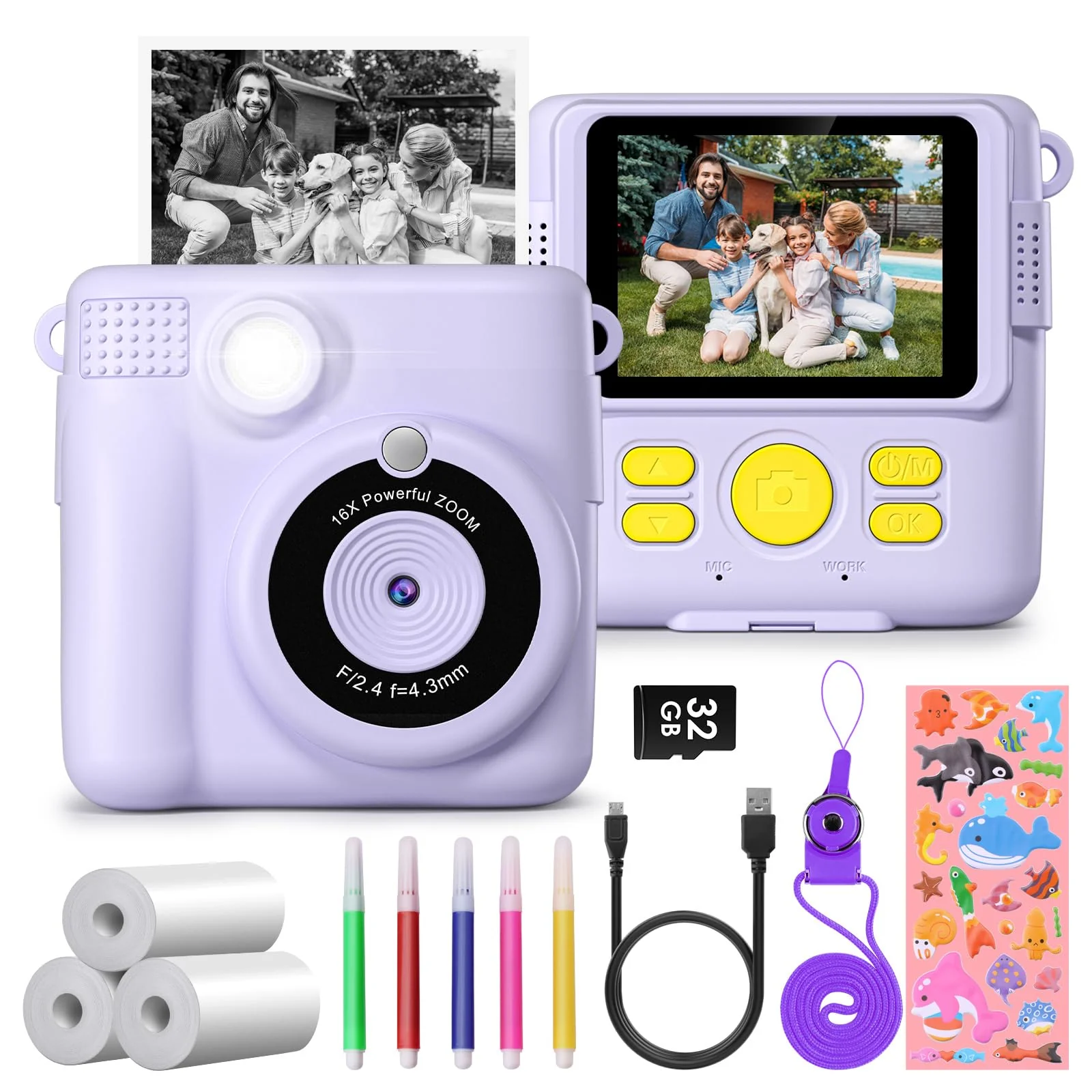 Instant Print Camera for Kids,GREENKINDER Kids Instant Camera, Birthday Gifts for Girls Boys,2.4-Inch/1080P with 32GB Card and Print Card for Girls 3-12 years old (Purple) Purple