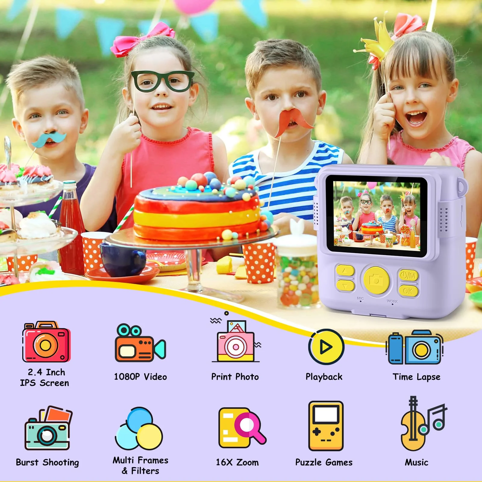 Instant Print Camera for Kids,GREENKINDER Kids Instant Camera, Birthday Gifts for Girls Boys,2.4-Inch/1080P with 32GB Card and Print Card for Girls 3-12 years old (Purple) Purple - Image 2