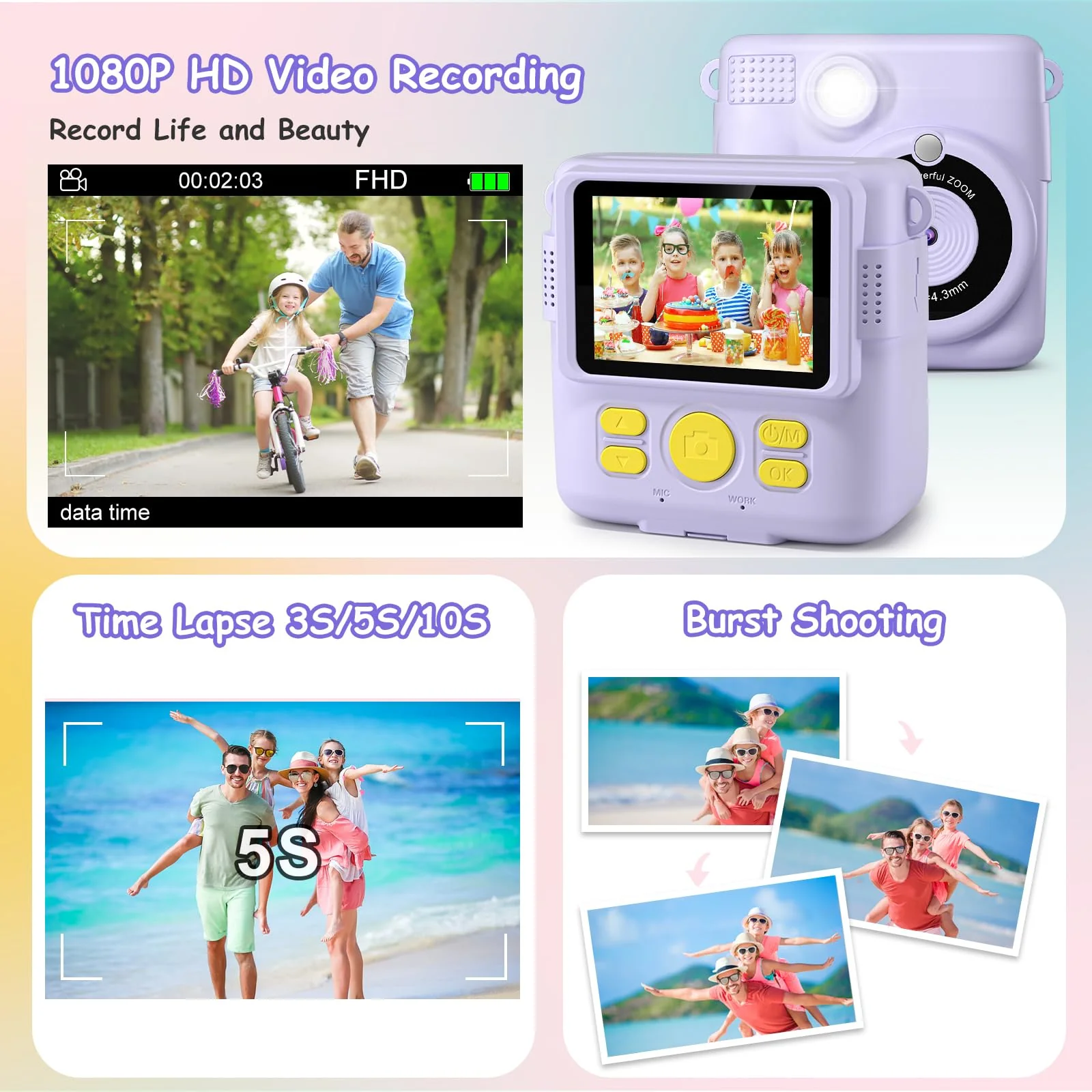 Instant Print Camera for Kids,GREENKINDER Kids Instant Camera, Birthday Gifts for Girls Boys,2.4-Inch/1080P with 32GB Card and Print Card for Girls 3-12 years old (Purple) Purple - Image 4