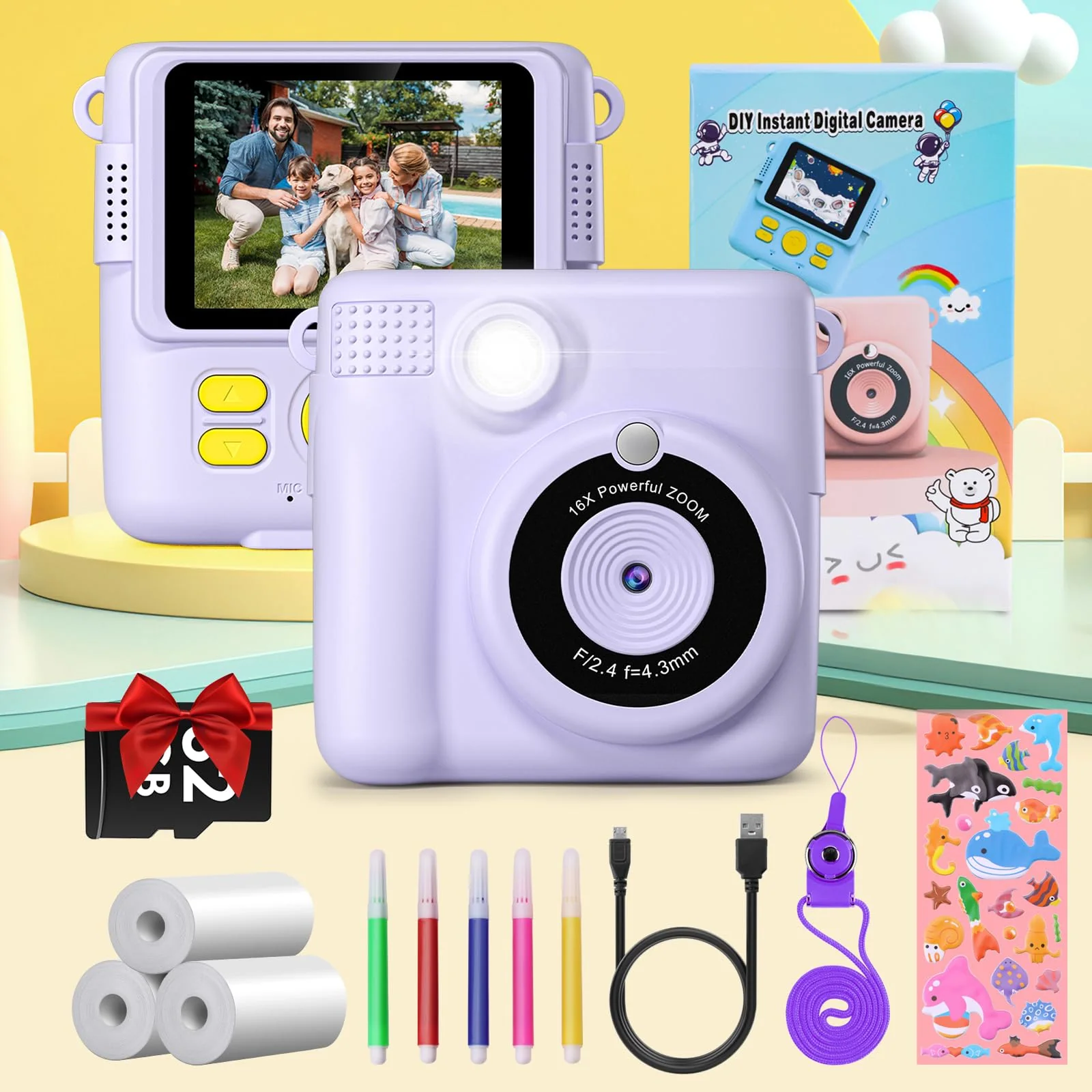 Instant Print Camera for Kids,GREENKINDER Kids Instant Camera, Birthday Gifts for Girls Boys,2.4-Inch/1080P with 32GB Card and Print Card for Girls 3-12 years old (Purple) Purple - Image 7
