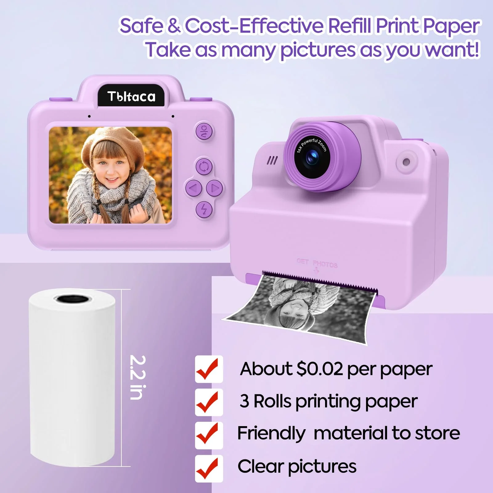 Instant Print Camera for Kids, Toddler Kids Camera Instant Print for 3 4 5 6 7 8 9 10 Years Old Girl Christmas Birthday Gifts, Portable Kid Children Digital Travel Camera Toys for Girls Age 3-12 Purple - Image 3