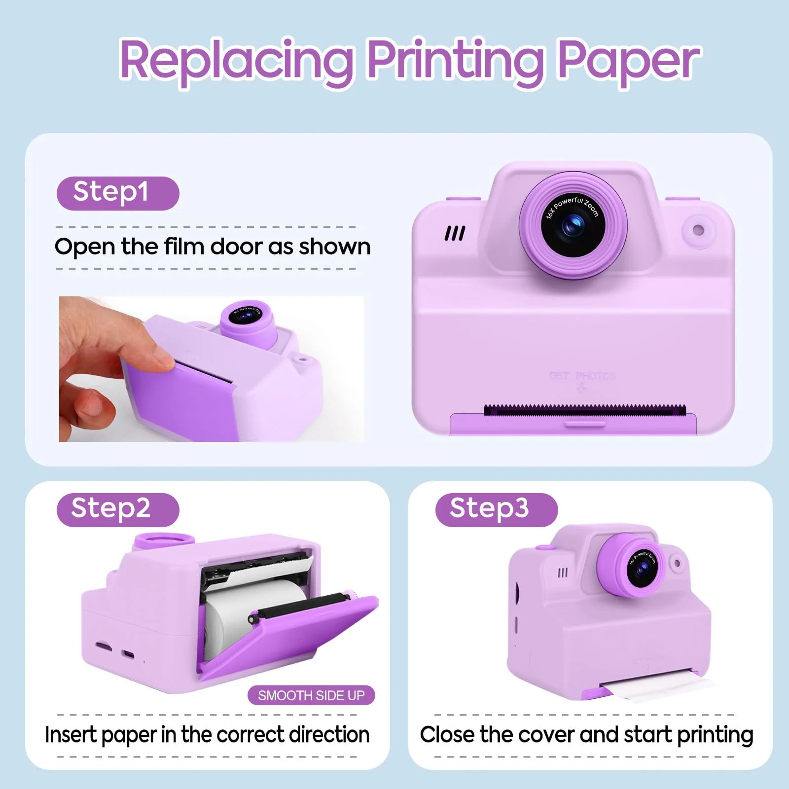 Instant Print Camera for Kids, Toddler Kids Camera Instant Print for 3 4 5 6 7 8 9 10 Years Old Girl Christmas Birthday Gifts, Portable Kid Children Digital Travel Camera Toys for Girls Age 3-12 Purple - Image 5