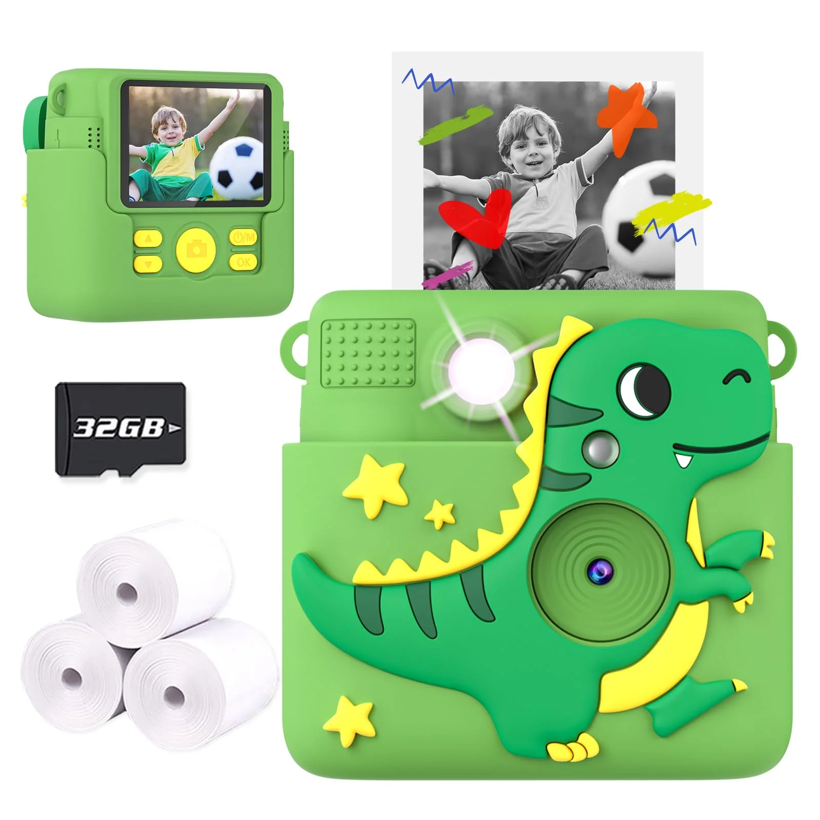 Instant Print Kids Camera,1080P HD Video Record Kids Camera Dinosaur Toys for Boys Age 8-10, Christmas Birthday Gifts for Boys 3 4 5 6 7 8 9 10 Year Old with 3 Rolls Photo Paper and 32G Card Green