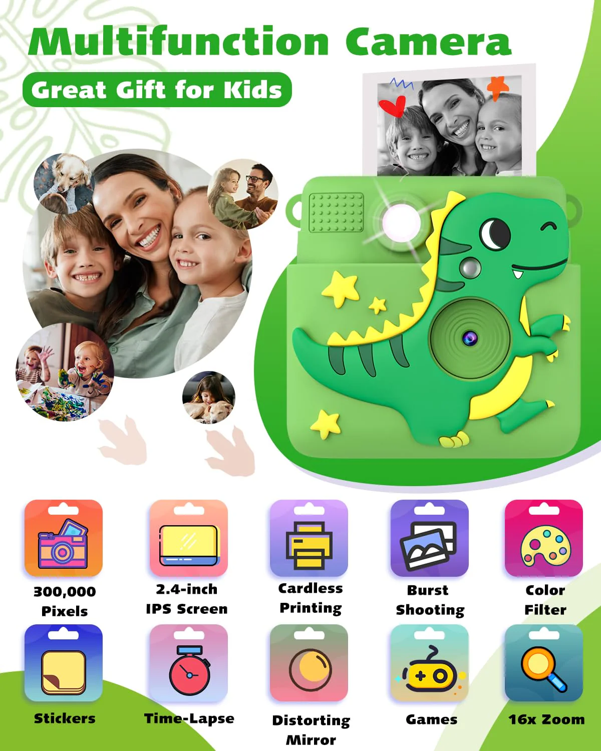Instant Print Kids Camera,1080P HD Video Record Kids Camera Dinosaur Toys for Boys Age 8-10, Christmas Birthday Gifts for Boys 3 4 5 6 7 8 9 10 Year Old with 3 Rolls Photo Paper and 32G Card Green - Image 2