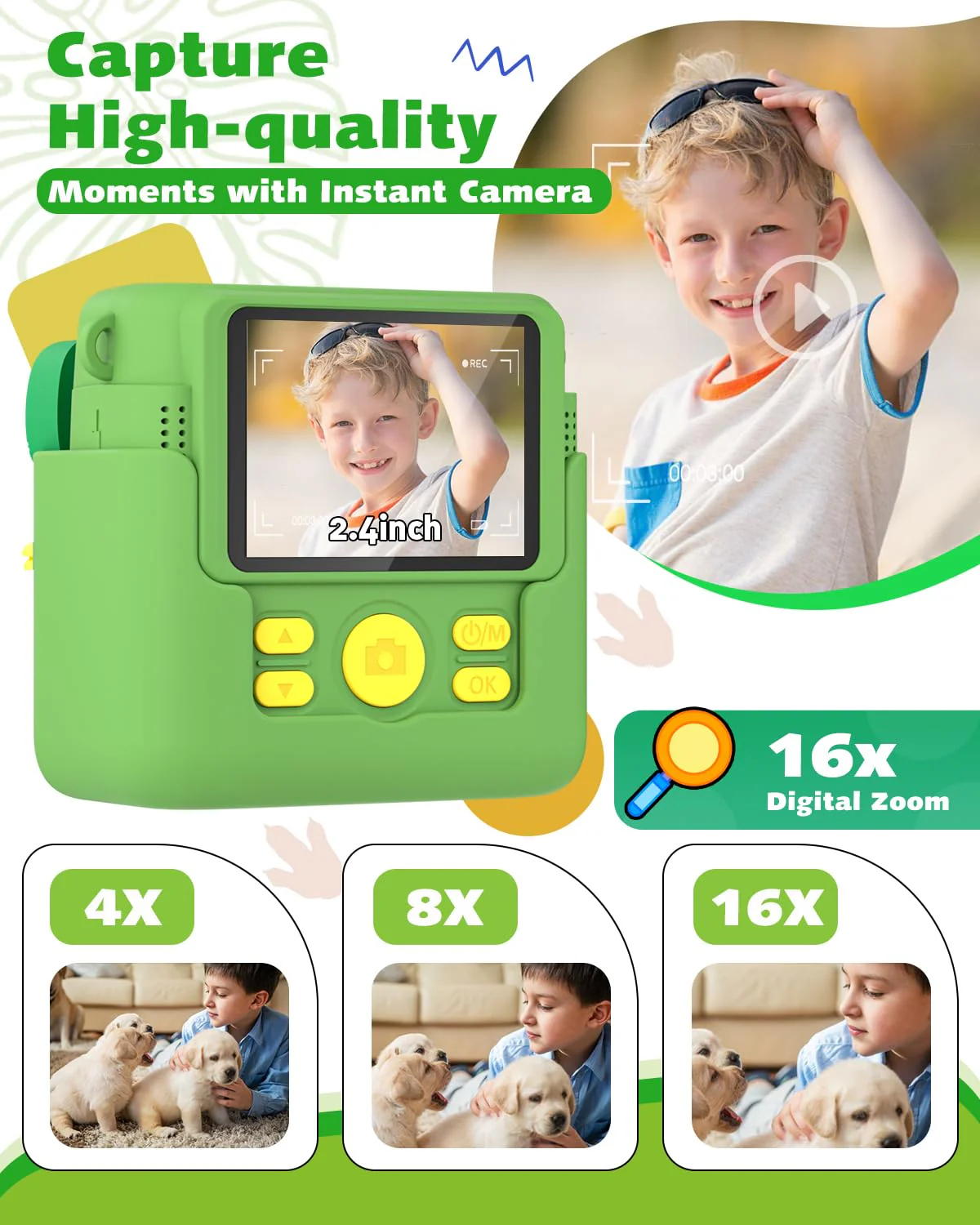 Instant Print Kids Camera,1080P HD Video Record Kids Camera Dinosaur Toys for Boys Age 8-10, Christmas Birthday Gifts for Boys 3 4 5 6 7 8 9 10 Year Old with 3 Rolls Photo Paper and 32G Card Green - Image 3