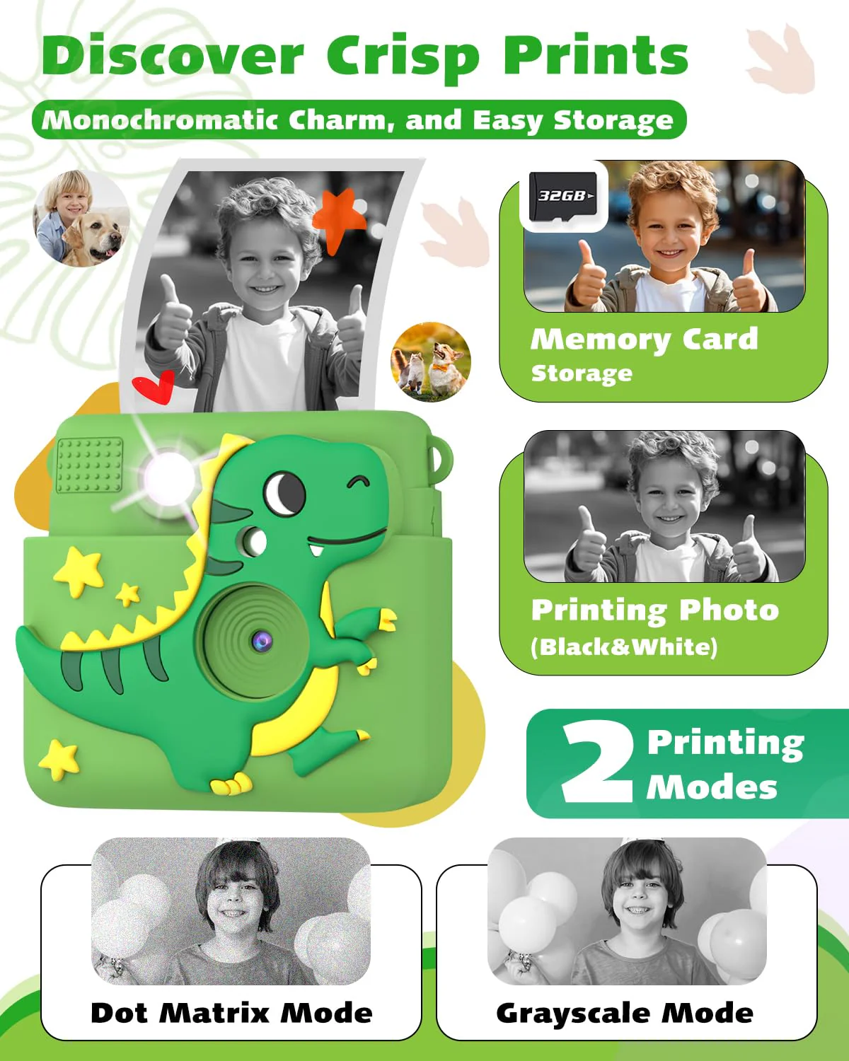 Instant Print Kids Camera,1080P HD Video Record Kids Camera Dinosaur Toys for Boys Age 8-10, Christmas Birthday Gifts for Boys 3 4 5 6 7 8 9 10 Year Old with 3 Rolls Photo Paper and 32G Card Green - Image 4