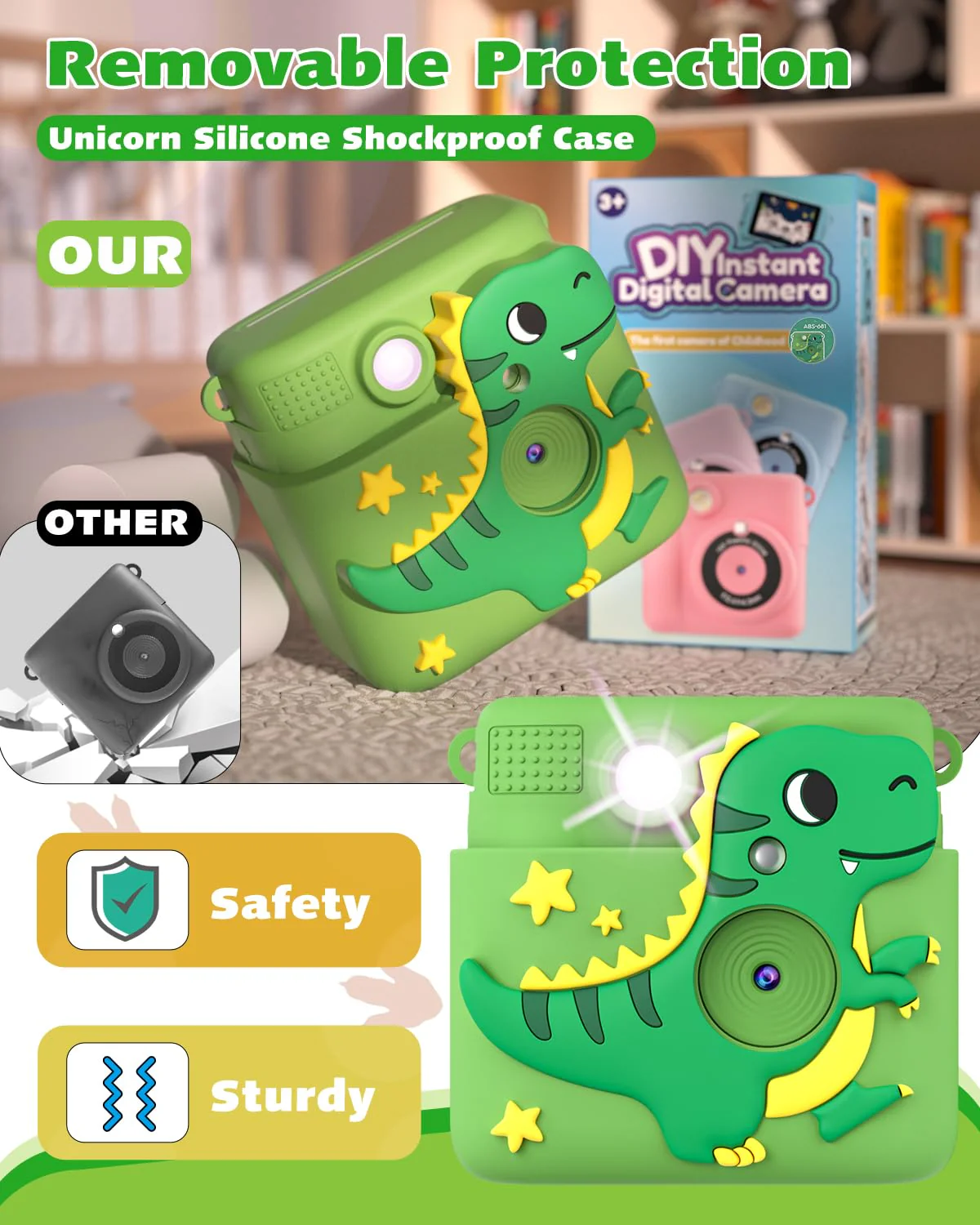 Instant Print Kids Camera,1080P HD Video Record Kids Camera Dinosaur Toys for Boys Age 8-10, Christmas Birthday Gifts for Boys 3 4 5 6 7 8 9 10 Year Old with 3 Rolls Photo Paper and 32G Card Green - Image 5