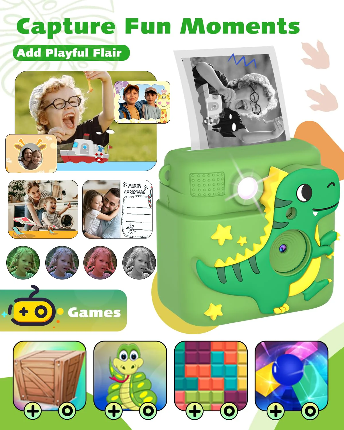 Instant Print Kids Camera,1080P HD Video Record Kids Camera Dinosaur Toys for Boys Age 8-10, Christmas Birthday Gifts for Boys 3 4 5 6 7 8 9 10 Year Old with 3 Rolls Photo Paper and 32G Card Green - Image 6