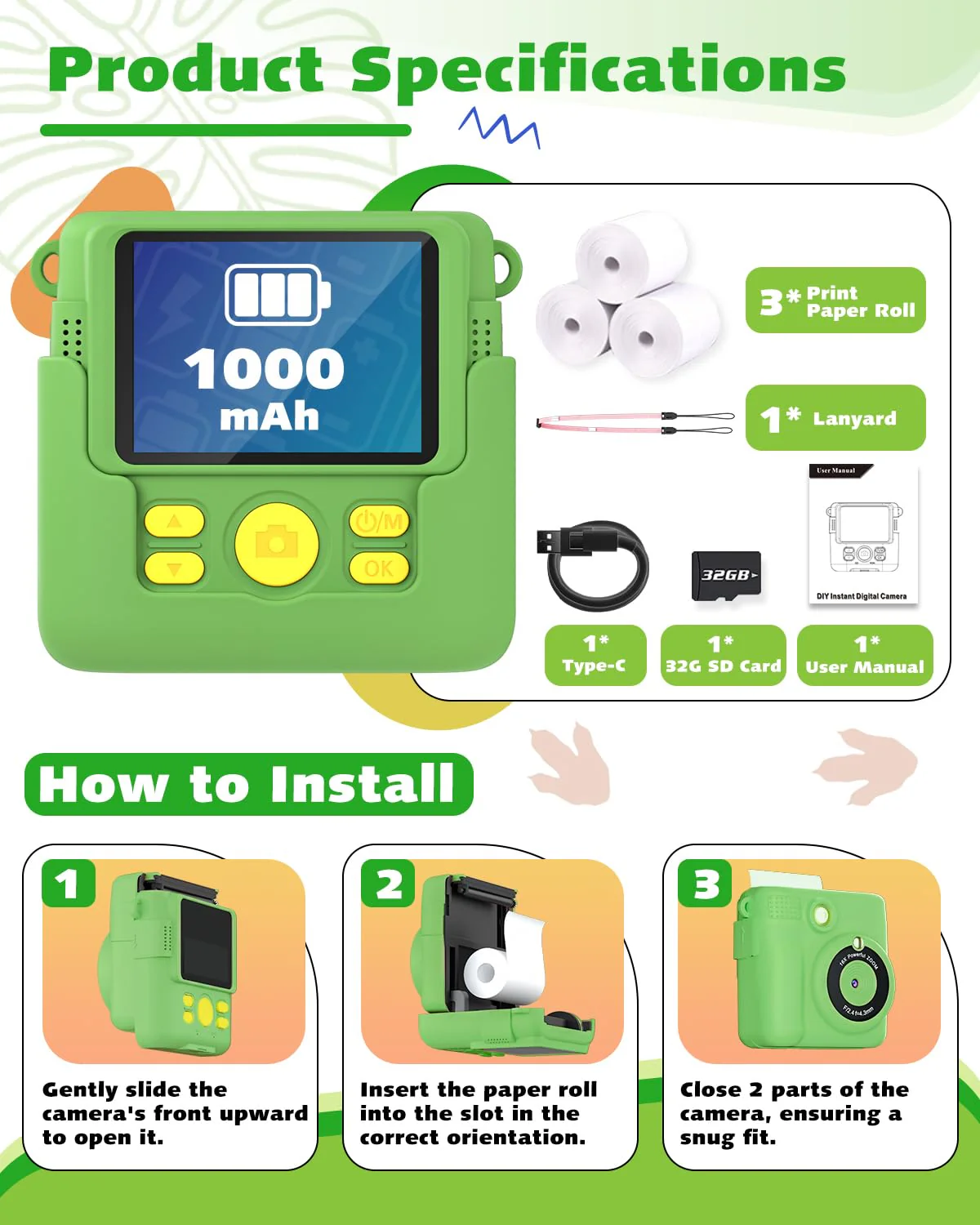Instant Print Kids Camera,1080P HD Video Record Kids Camera Dinosaur Toys for Boys Age 8-10, Christmas Birthday Gifts for Boys 3 4 5 6 7 8 9 10 Year Old with 3 Rolls Photo Paper and 32G Card Green - Image 7