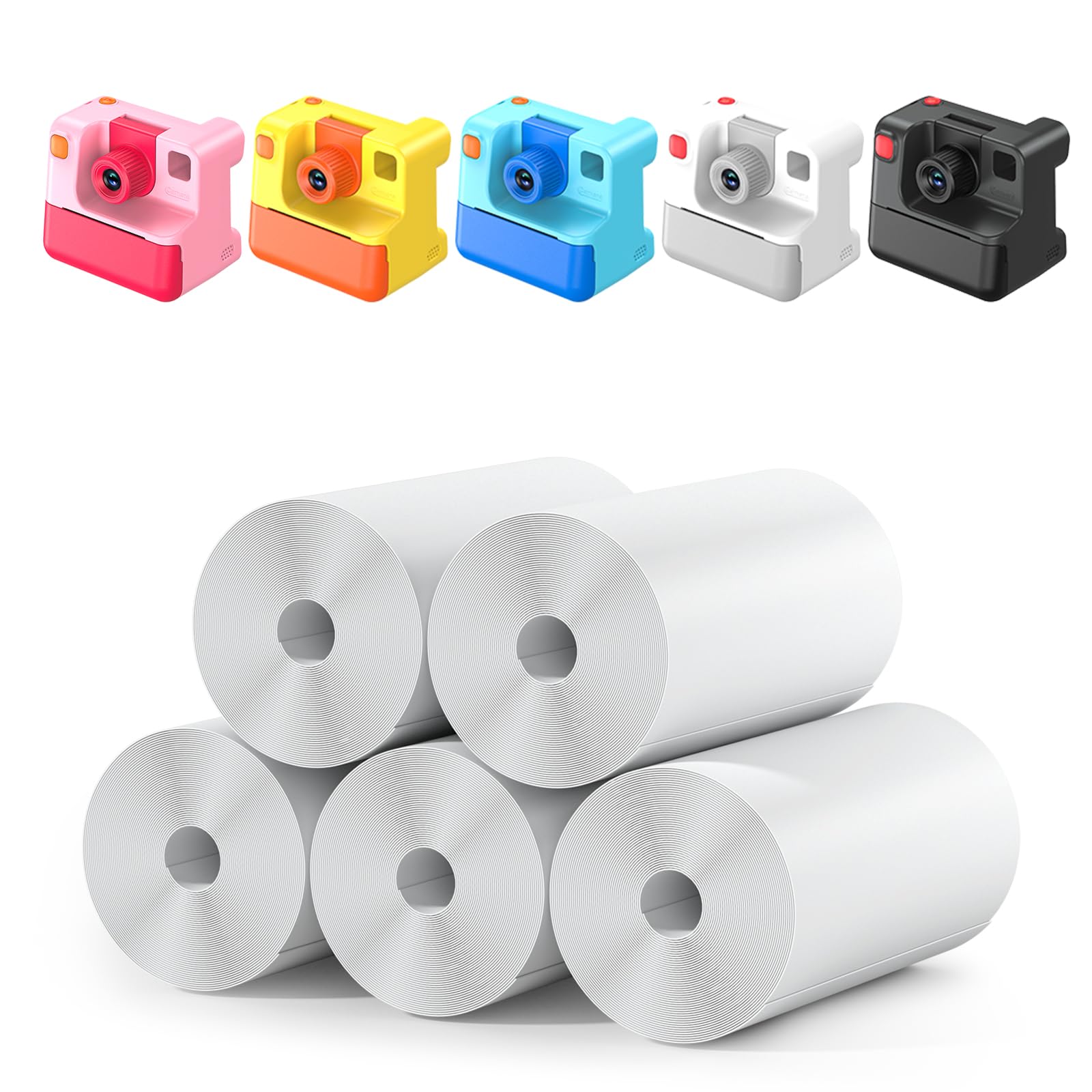 Instant Print Paper - 5 Rolls Black & White Print Paper for Kids Instant Print Camera, NO-Ink HD Printing Thermal Print Paper Set