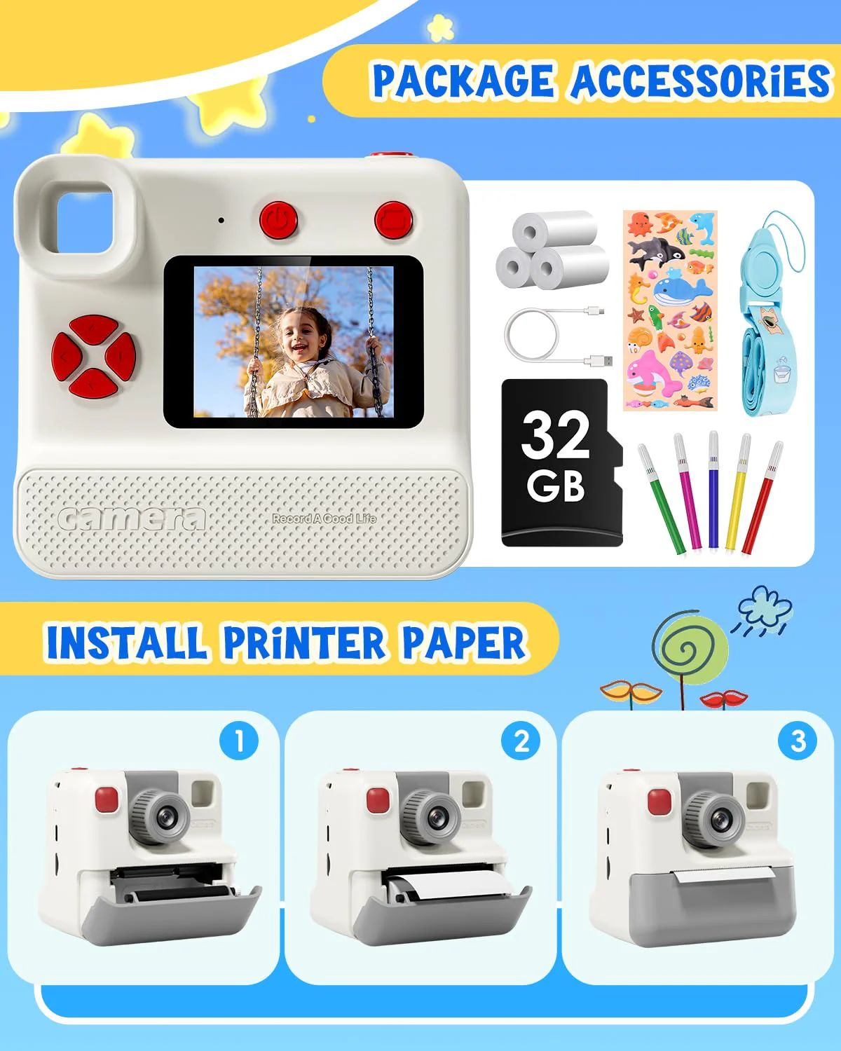 Instant Print Paper - 5 Rolls Black & White Print Paper for Kids Instant Print Camera, NO-Ink HD Printing Thermal Print Paper Set - Image 2