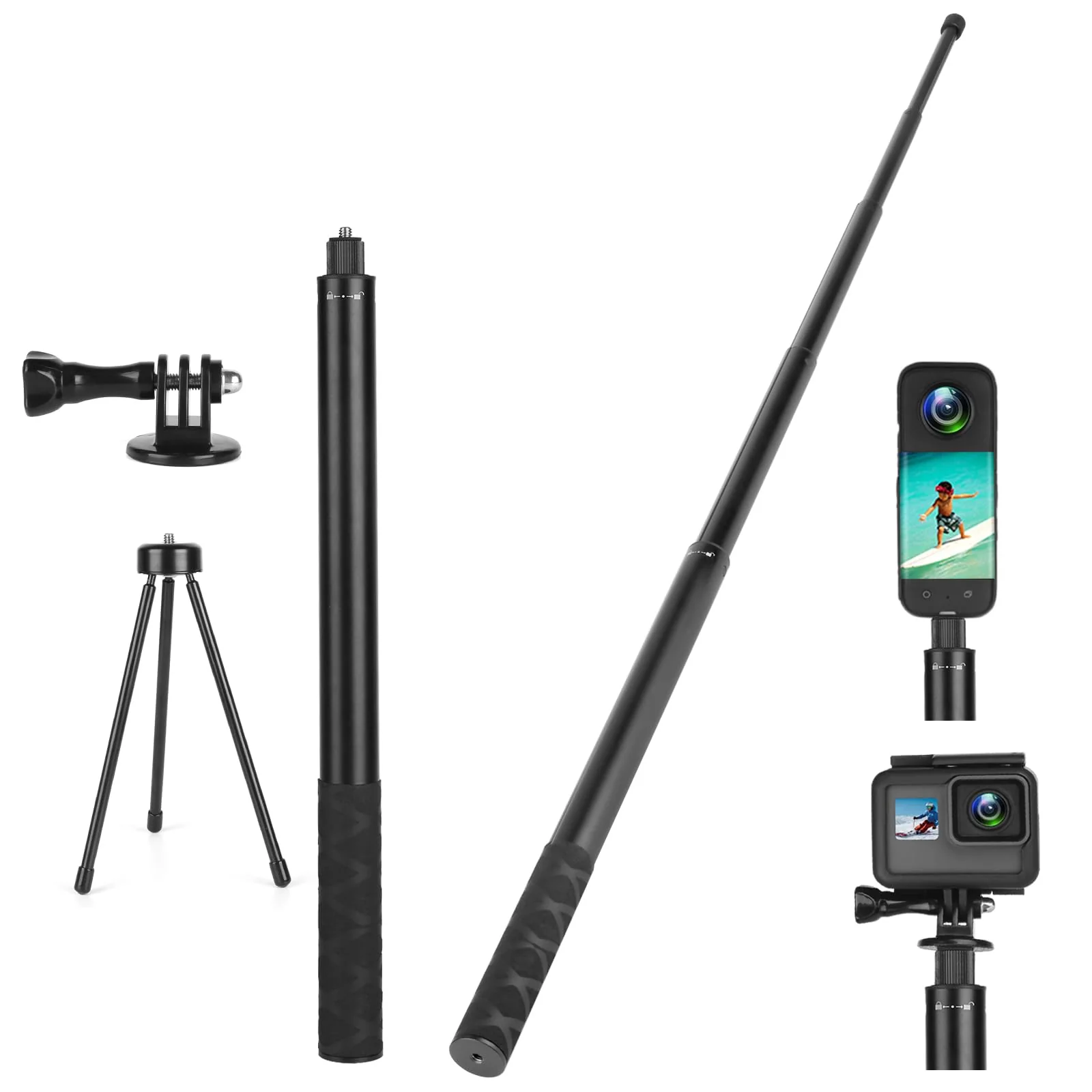 Invisible Selfie Stick for Insta360 ONE X4,X3,X2,X,One R,One RS,GO 2,GO 3/GoPro/DJI/AKASO/SJCAM Action Cameras,Extendable 61.8" / 157 cm Long Aluminum Alloy Rod with Tripod Accessory