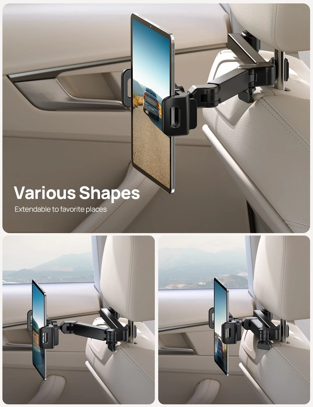 iPad Holder Car Headrest - [Stretchable Arm] 2024 Adjustable Tablet Mount for Car Backseat, Travel Road Trip Essentials for Kids, for iPad Pro, Air, Mini, Samsung Tab, 4.7-11” Device - Black - Image 3