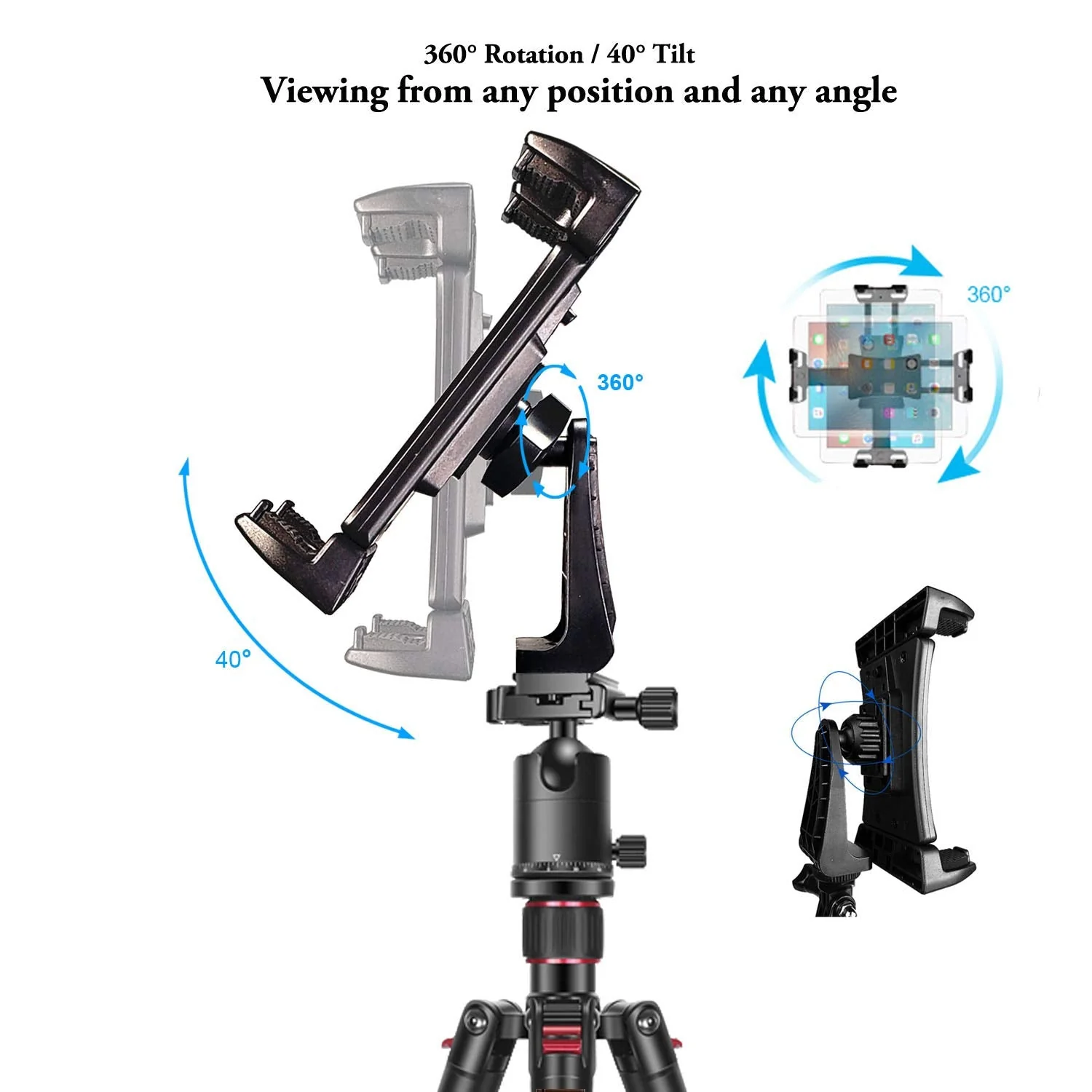 IPad Tripod Mount Adapter 360 Degree Rotatable Universal Tablet Clamp Holder for iPad Pro 12.9 11 10.5, iPad Air Mini, Surface Tab, Galaxy Tab and 3.5 to 13.5in Phone Tablet, for Tripod, Monopod Tablet Mount - Image 3