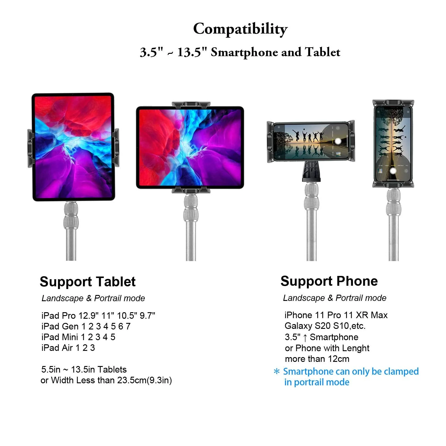 IPad Tripod Mount Adapter 360 Degree Rotatable Universal Tablet Clamp Holder for iPad Pro 12.9 11 10.5, iPad Air Mini, Surface Tab, Galaxy Tab and 3.5 to 13.5in Phone Tablet, for Tripod, Monopod Tablet Mount - Image 5