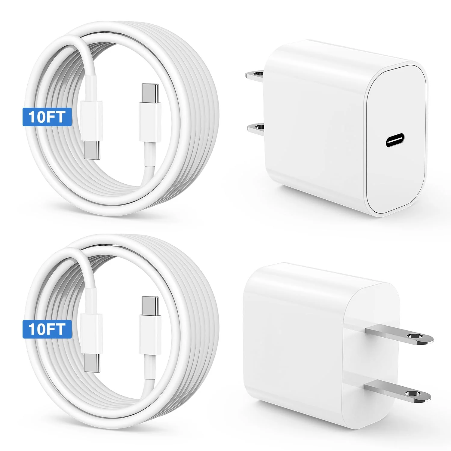 iPhone 15 Charger 10 Ft with 20w USB C Charger Block,2-Pack 20W Fast Wall Charger for 15/15 Pro/Pro Max/iPad Pro AirPods/Samsung and More, with 2 Pack 10ft USB-C Cable 2Pack-10FT White