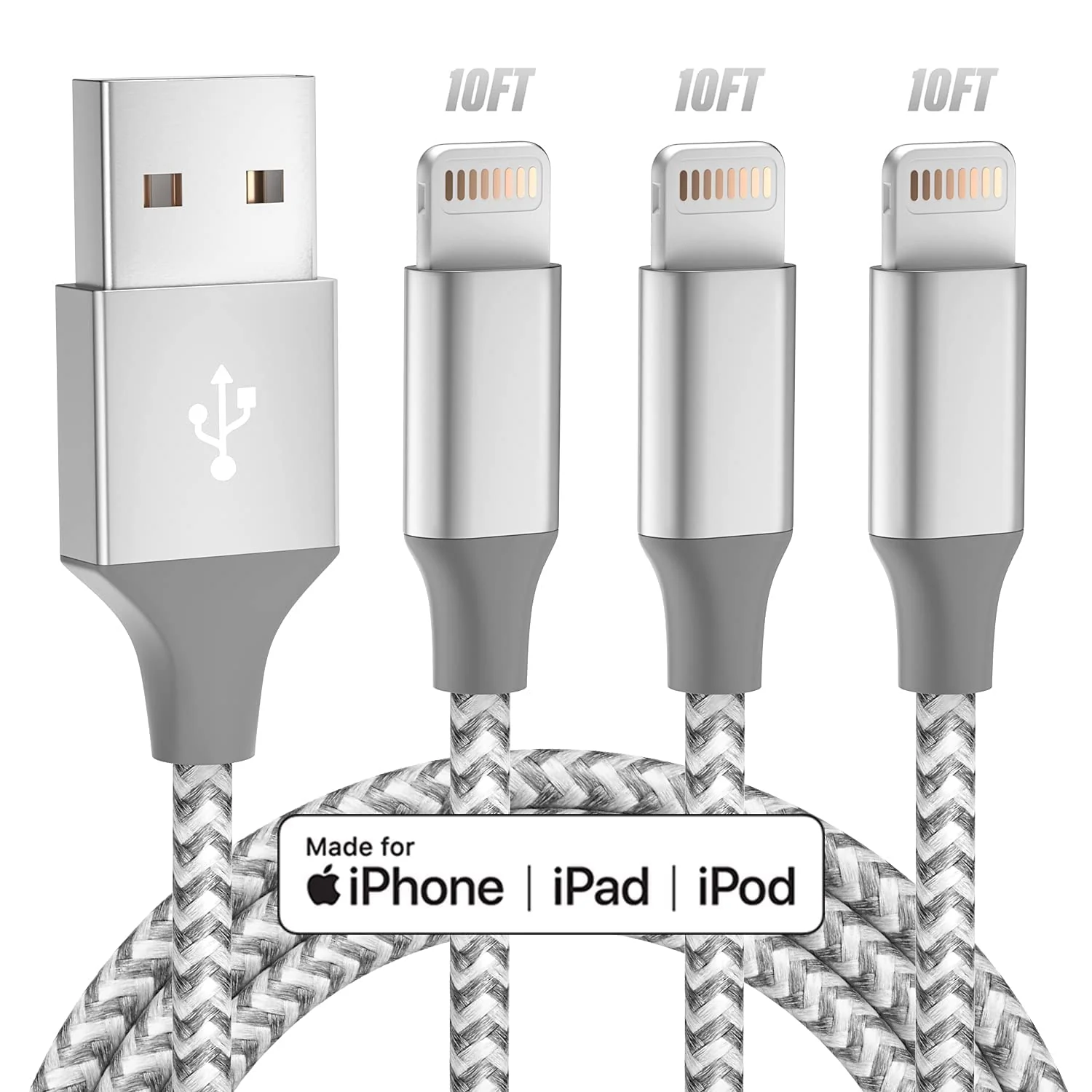 iPhone Charger 3pack 10FT Apple MFi Certified Long Lightning Cable Fast Charging High Speed Data Sync USB Cable Compatible iPhone 14 13/12/11 Pro Max/XS MAX/XR/XS/X/8/7/Plus/6S (Grey White) Grey White
