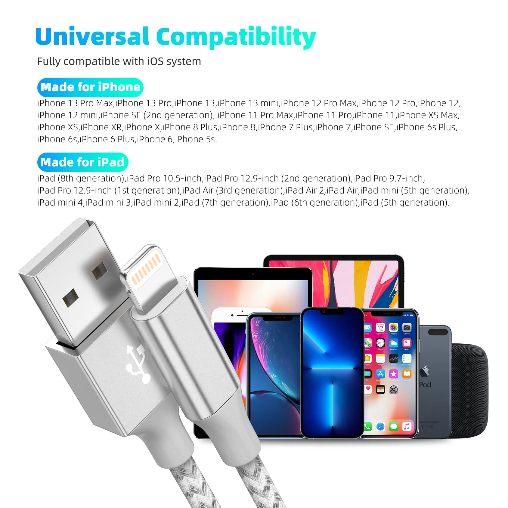 iPhone Charger 3pack 10FT Apple MFi Certified Long Lightning Cable Fast Charging High Speed Data Sync USB Cable Compatible iPhone 14 13/12/11 Pro Max/XS MAX/XR/XS/X/8/7/Plus/6S (Grey White) Grey White - Image 7