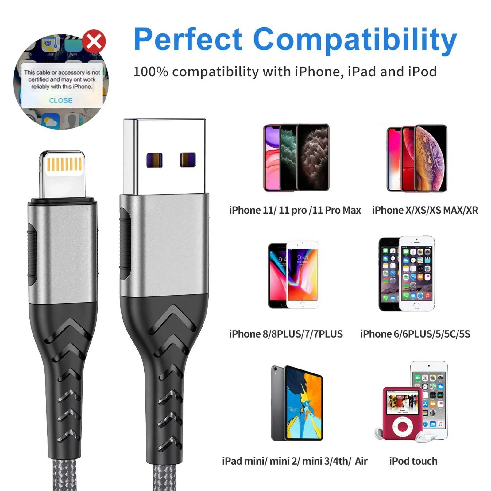 iPhone Charger, [MFi Certified] 3Pack 10FT USB A Cable for Long Charger Cable, Fast iPhone Charging Cord for iPhone Xs Max/XS/XR/X/8/7/6S/6/Plus/SE/iPad(Silver) Silver - Image 6