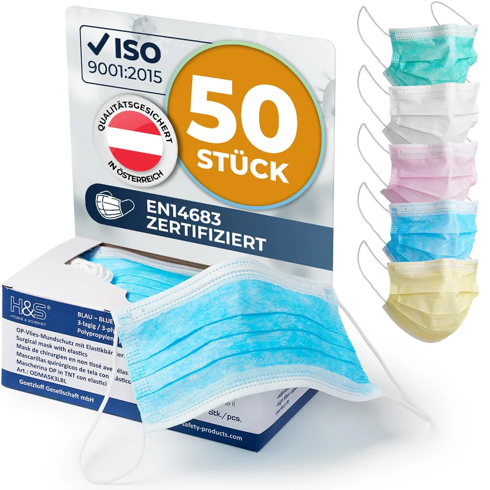 ISC H&S Mouth Guard (OP Fleece Mouth Guard) with Elastic Band in Comfort Length, 3-Ply, 100% Polypropylene, with Nose Clip, Glass-Fibre, Latex-Free, Green, White, Red, Yellow or Blue ISCHSMS01 3 ply blue 3-ply blue