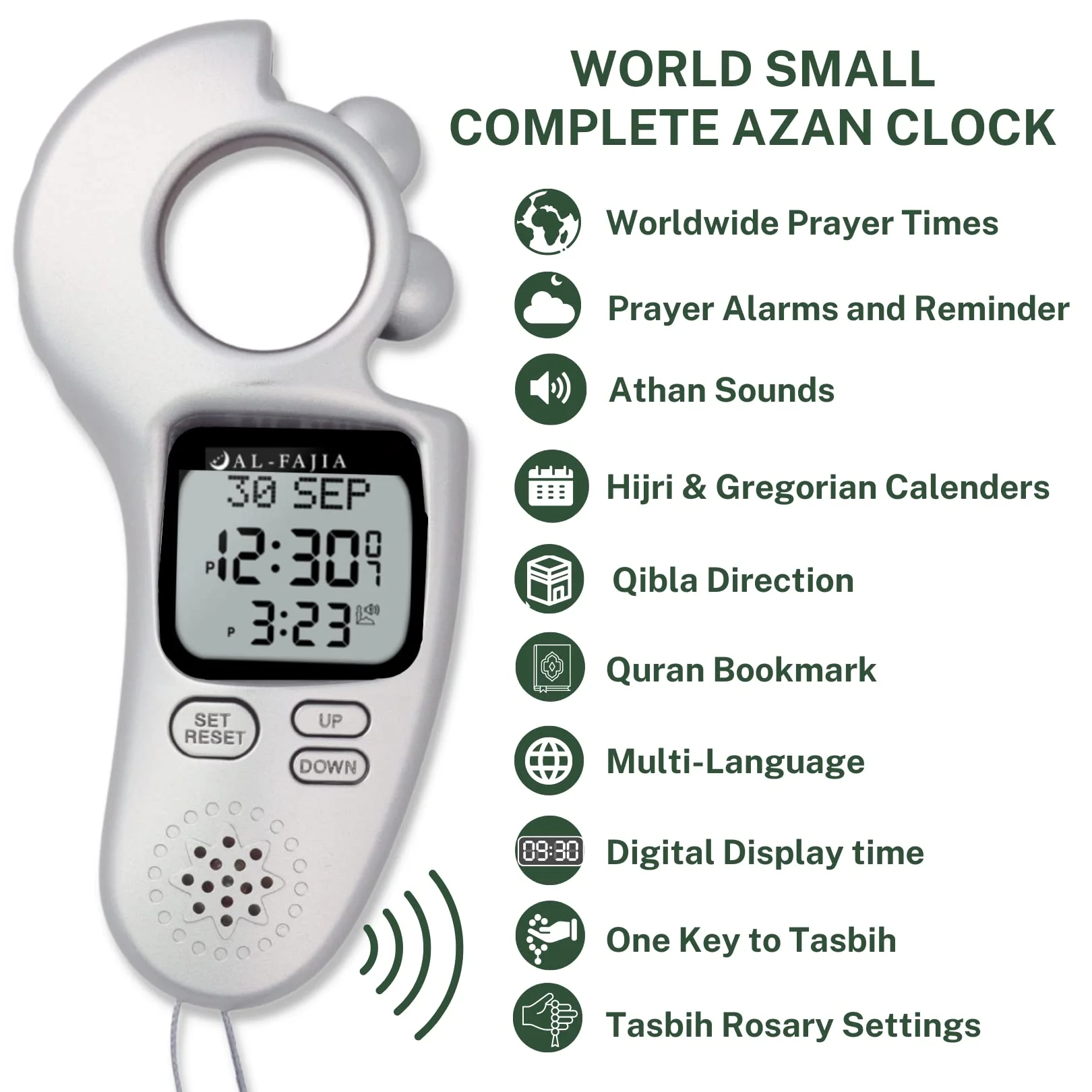 Islamic Prayer Time and Athan Sound Reminder Digital Tasbih Counter, Full Azan Clock for USA and Worldwide, Portable Silver - Image 2