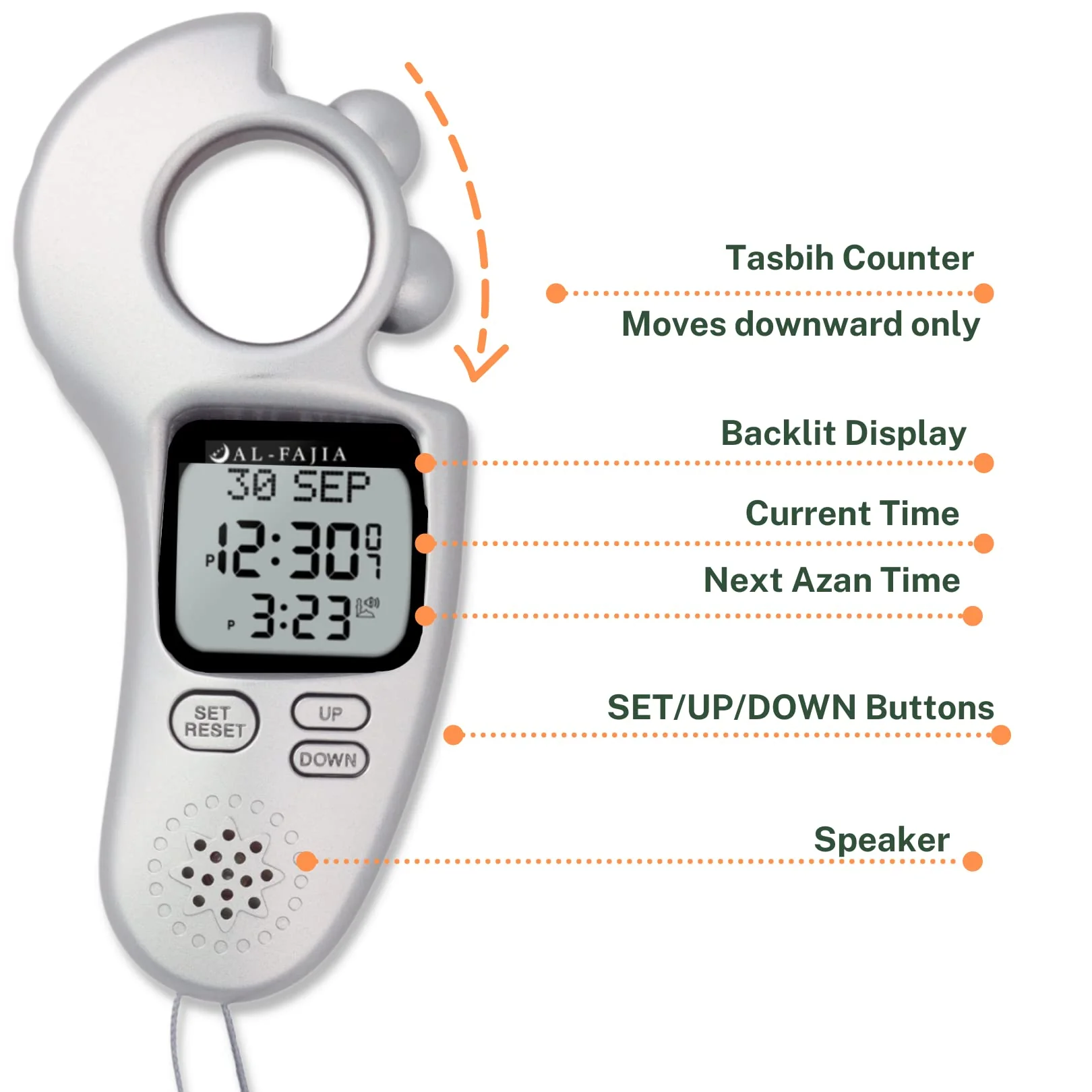 Islamic Prayer Time and Athan Sound Reminder Digital Tasbih Counter, Full Azan Clock for USA and Worldwide, Portable Silver - Image 3