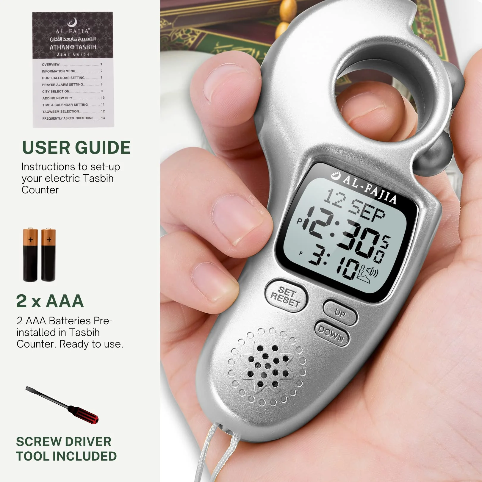Islamic Prayer Time and Athan Sound Reminder Digital Tasbih Counter, Full Azan Clock for USA and Worldwide, Portable Silver - Image 8