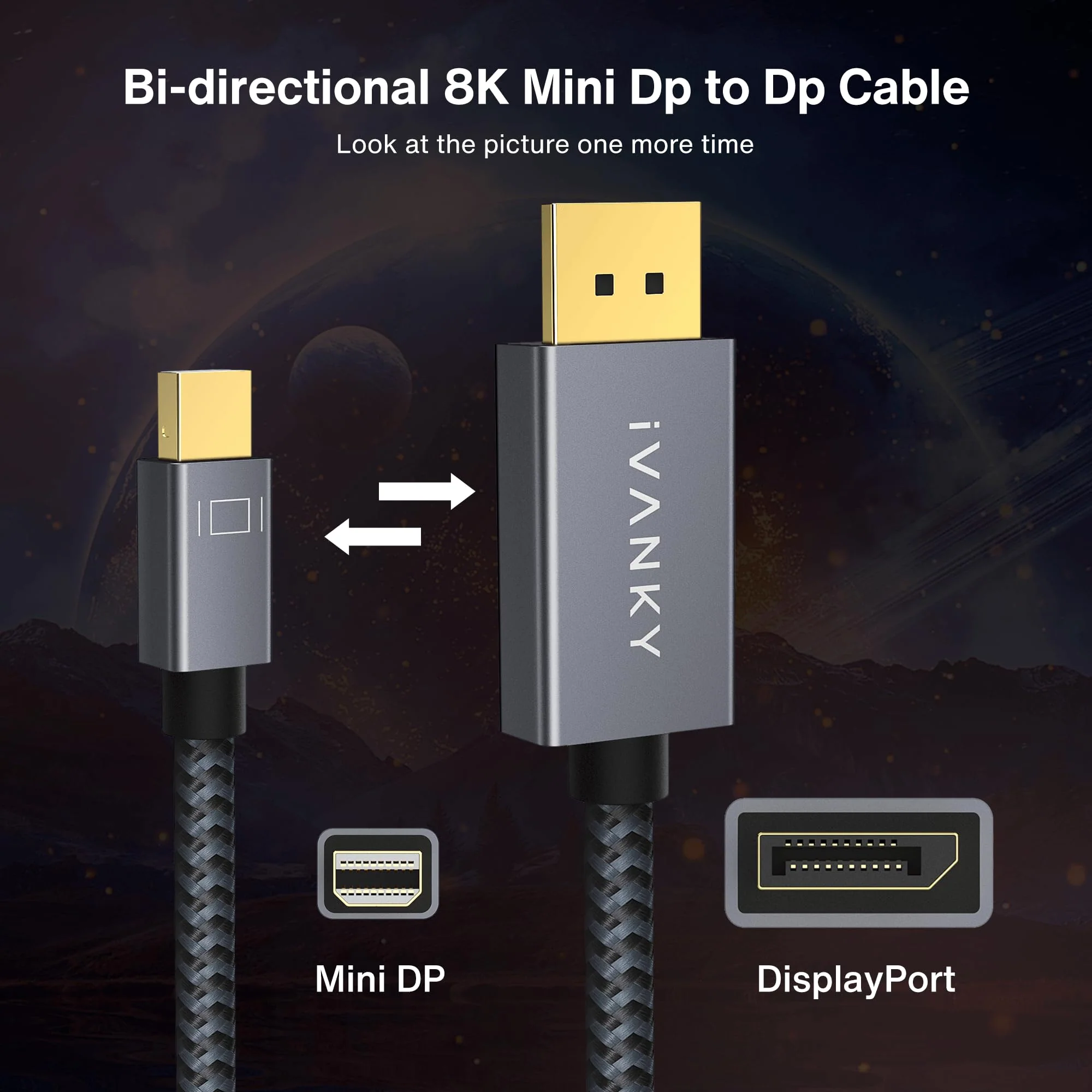 IVANKY 8K Mini DisplayPort to DisplayPort Cable 10ft, Bi-Directional Mini DP to DP Cable 8K@60Hz, 4K@144Hz, 32.4Gbps HDR, Thunderbolt to DisplayPort, Aluminum Shell, Gold-Plated Braided for MacBook 10 Feet Grey - Image 2