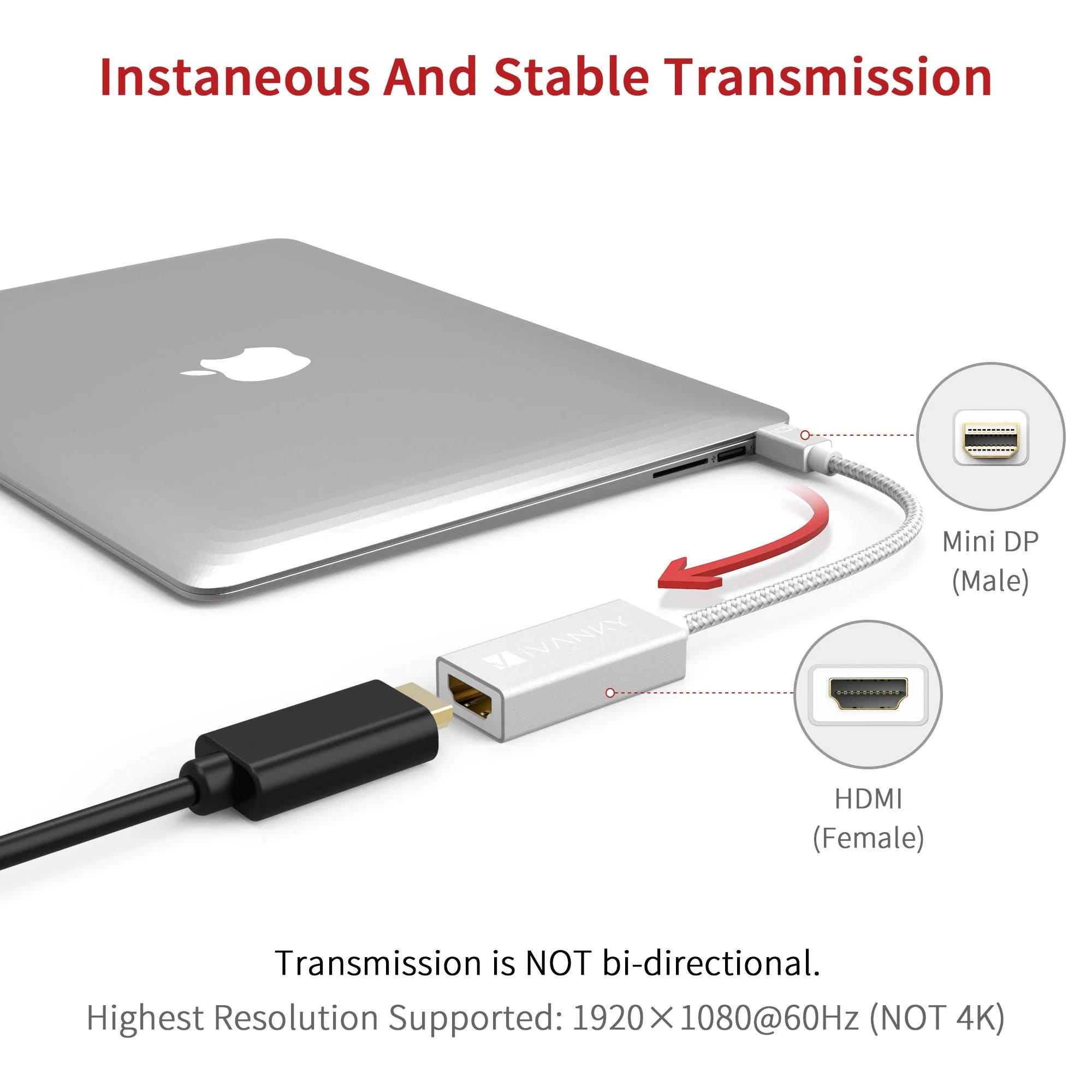 IVANKY Mini DisplayPort to HDMI Adapter [Super Slim, Aluminum Shell, Nylon Braided] Mini DP to HDMI Adapter for MacBook Air/Pro, Microsoft Surface Pro/Dock, Monitor, Projector and More - Silver 1 Pack-Silver 1080P - Image 2