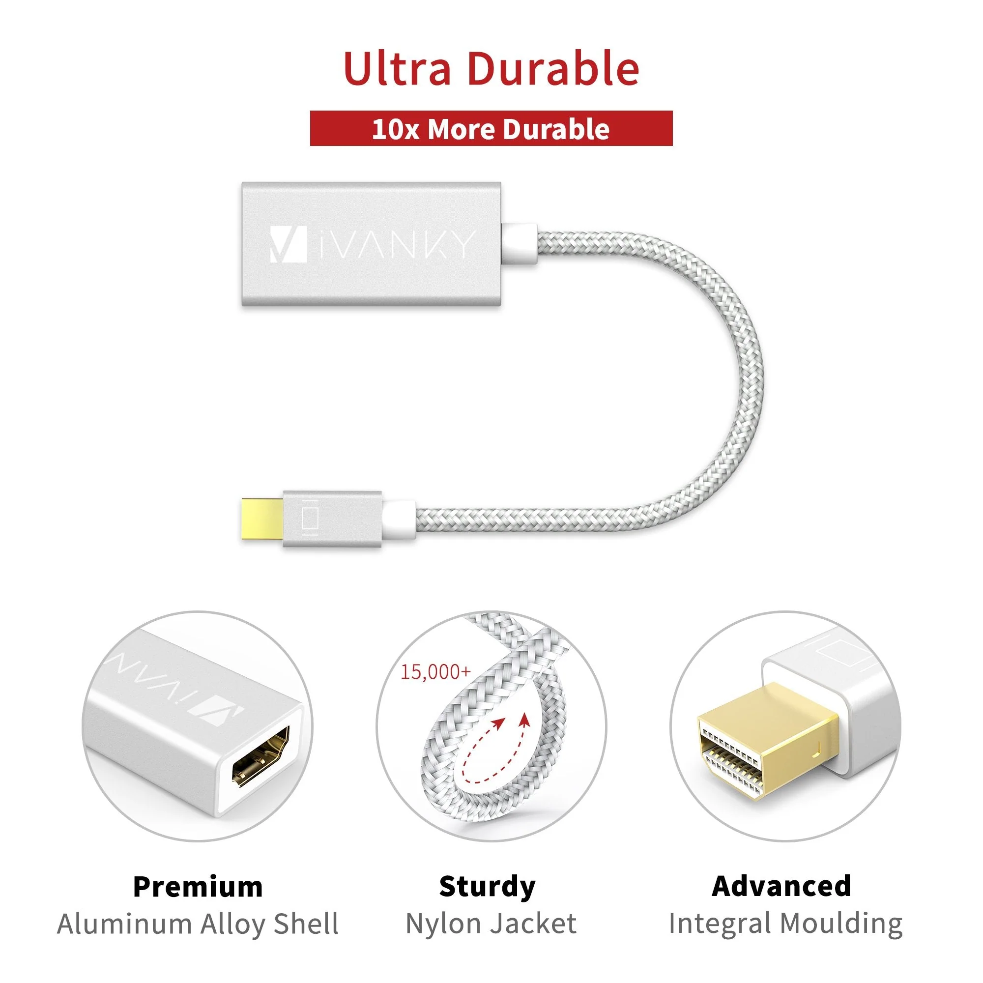 IVANKY Mini DisplayPort to HDMI Adapter [Super Slim, Aluminum Shell, Nylon Braided] Mini DP to HDMI Adapter for MacBook Air/Pro, Microsoft Surface Pro/Dock, Monitor, Projector and More - Silver 1 Pack-Silver 1080P - Image 3