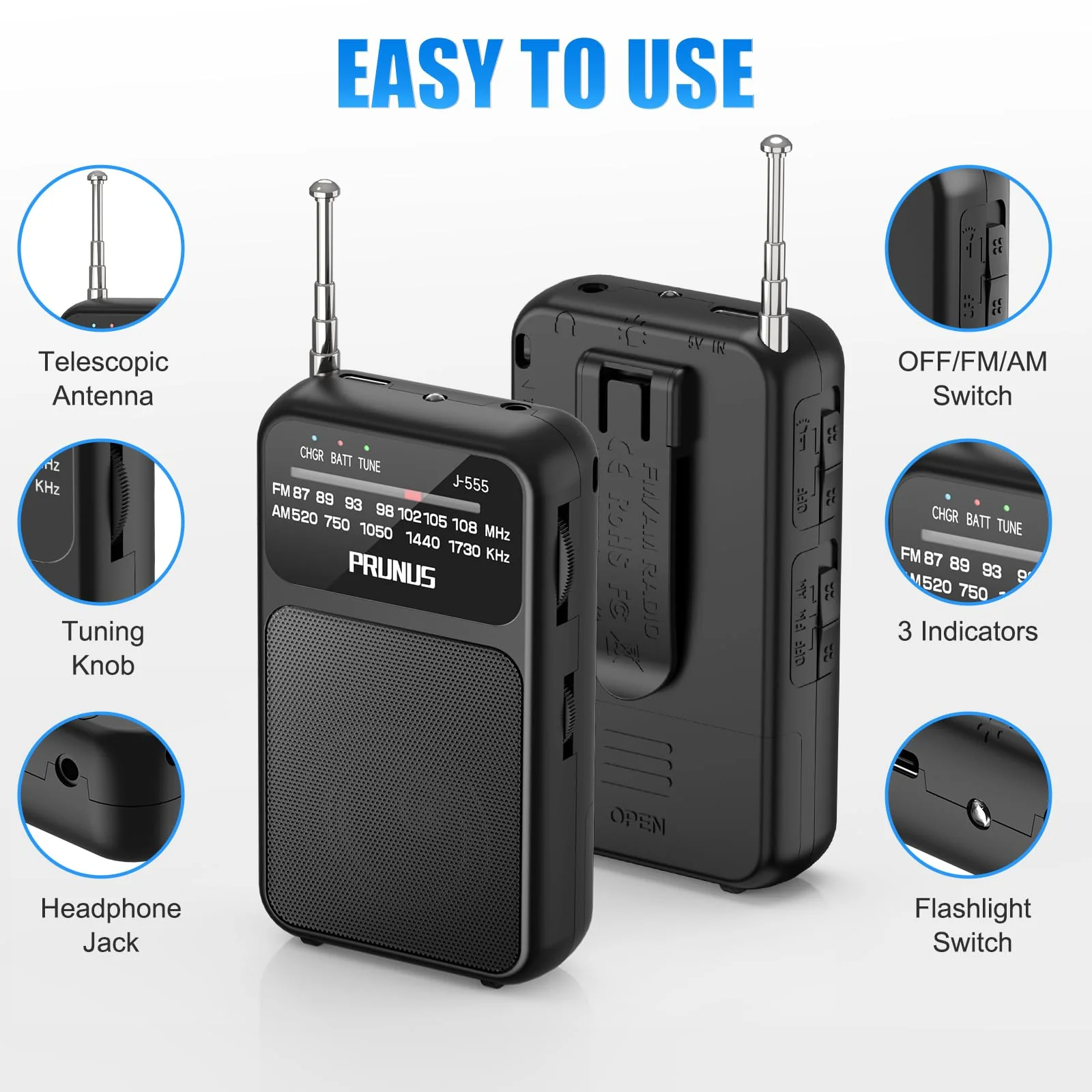 J-555 Pocket Radio AM FM USB-C Charging& Battery Operated, Excellent Reception& Clear Speaker and Headphone Jack, Back Clip, Flashlight, Transistor Radio, Portable Radio AM FM, Mini Radio Black - Image 4