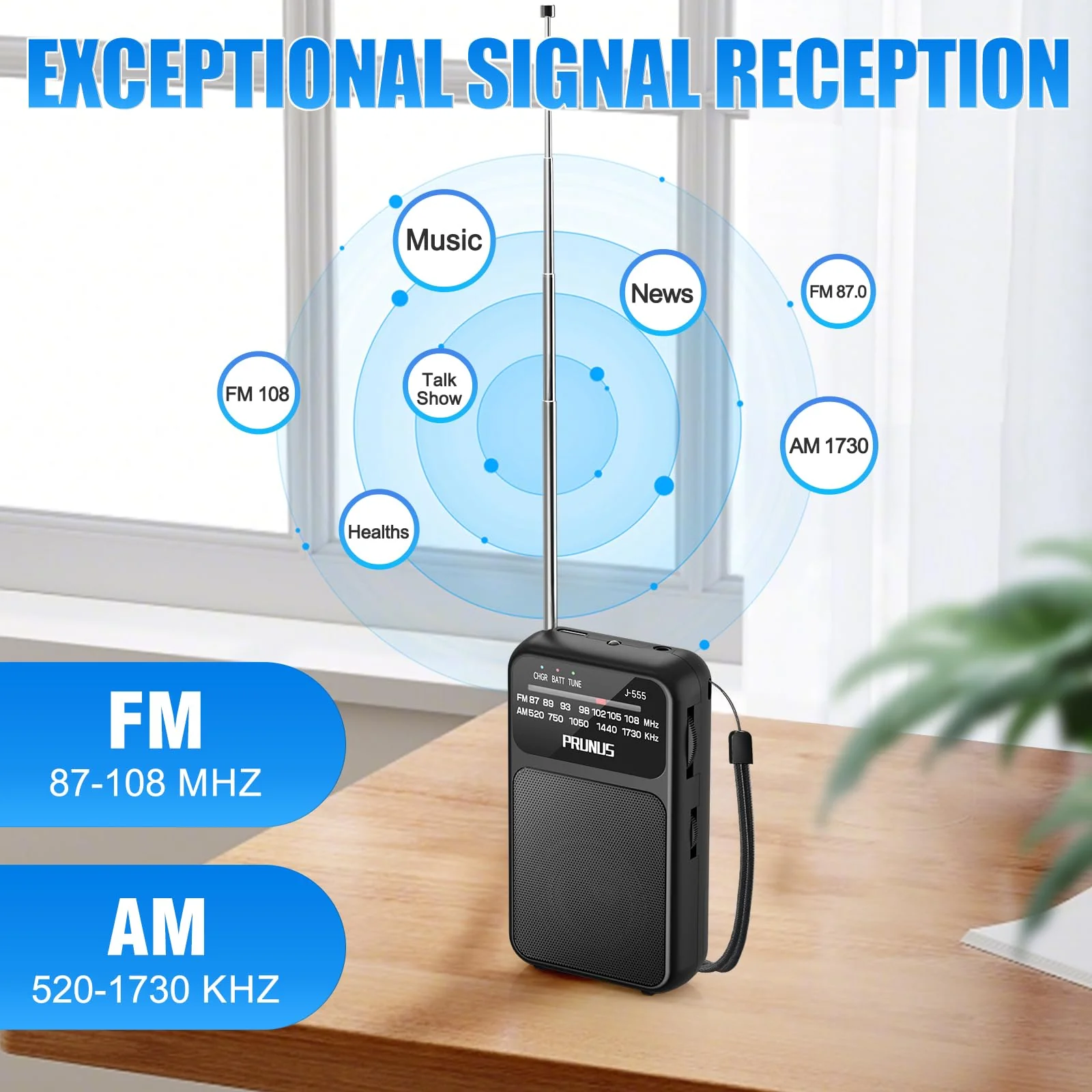 J-555 Pocket Radio AM FM USB-C Charging& Battery Operated, Excellent Reception& Clear Speaker and Headphone Jack, Back Clip, Flashlight, Transistor Radio, Portable Radio AM FM, Mini Radio Black - Image 5