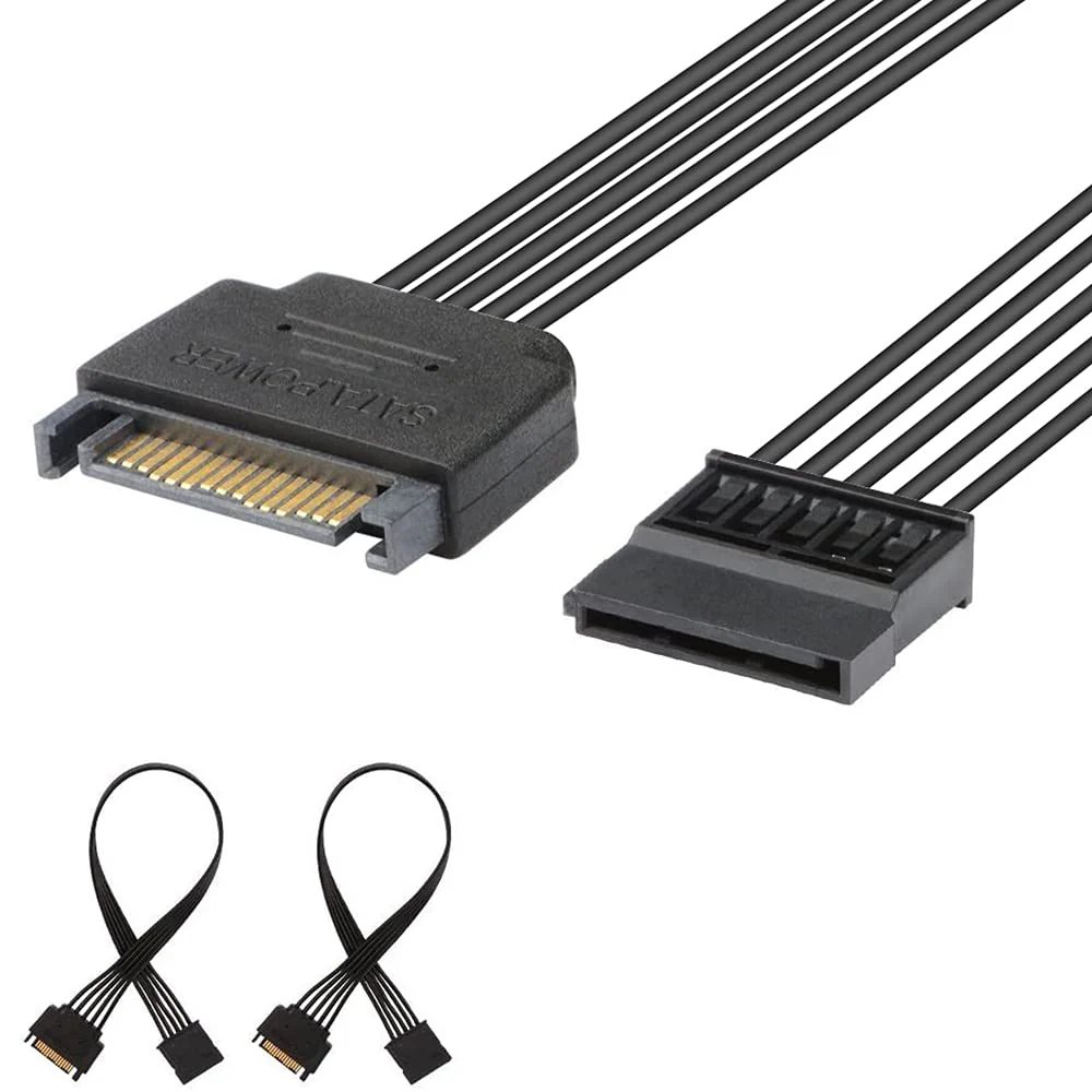 J&D 15 Pin SATA Power Extension Cable (2 Pack), Male to Female Cable, 10 inch, Black 2 Pack