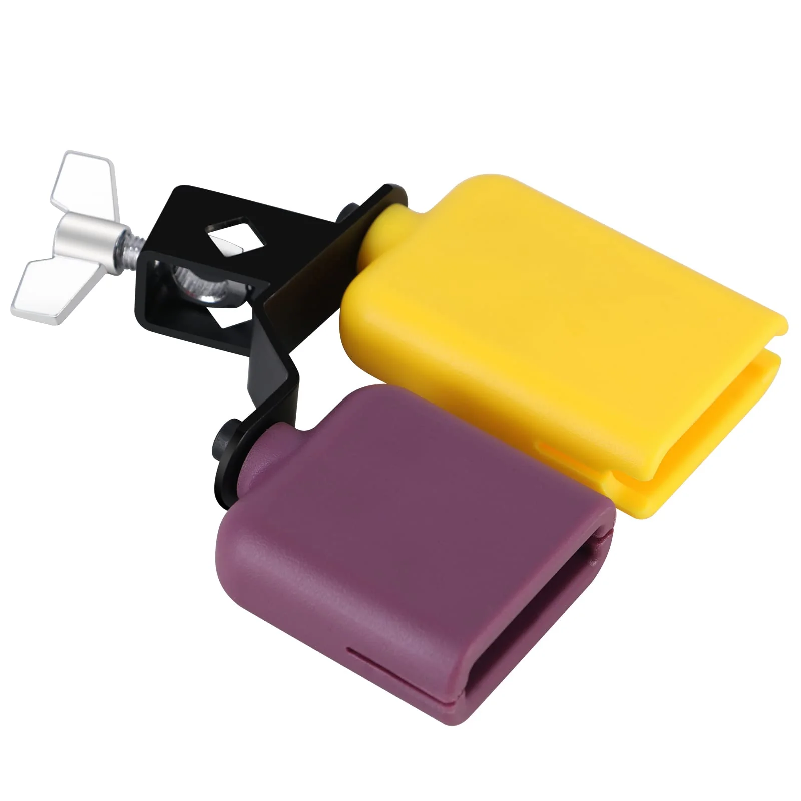 Jam Block,Plastic Cow Bell Double Sambago Bell Jam Block for Band Practice,Festival Performance,Latin Percussion Instrument Kit (Yellow-Purple) 6.2 inch Yellow-Purple