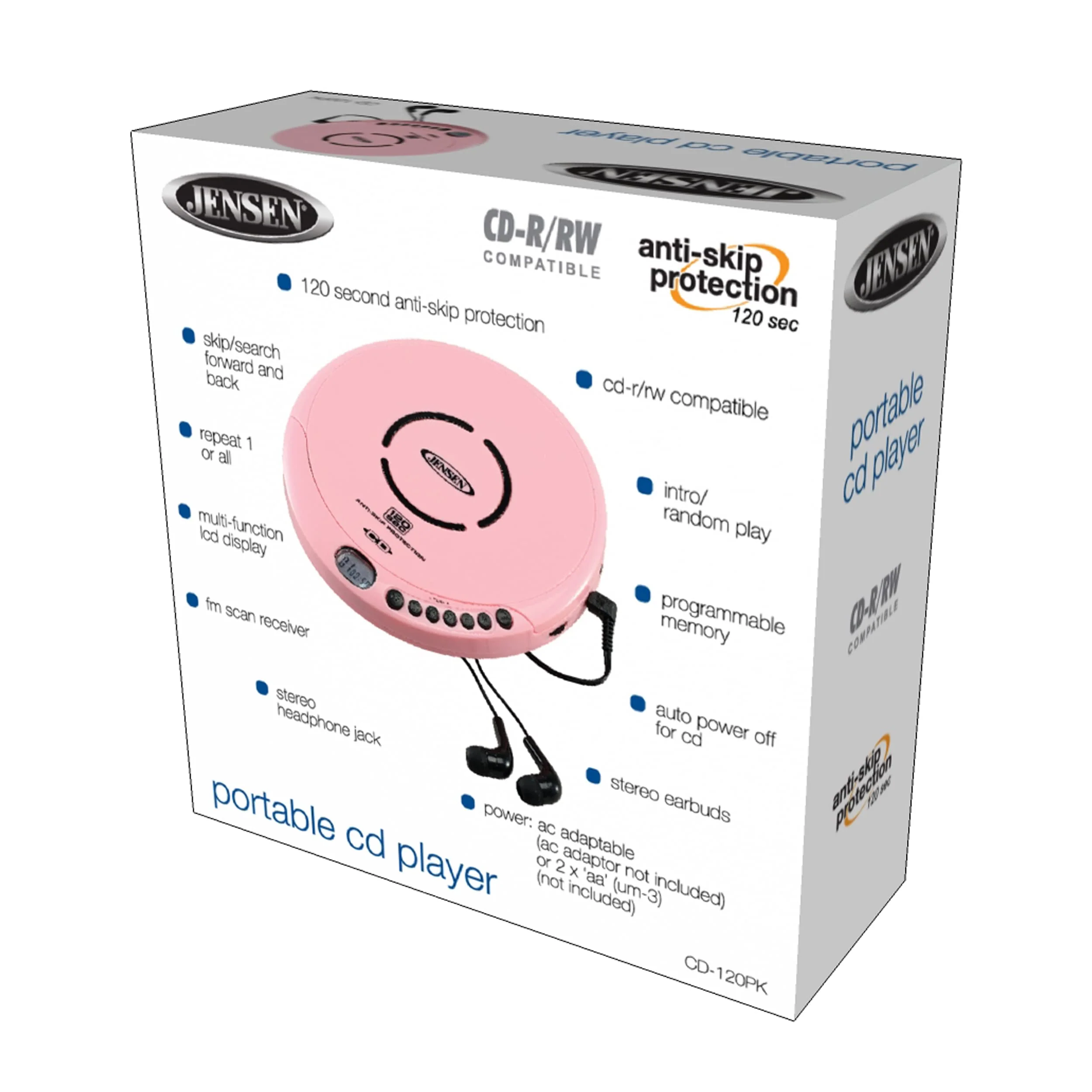 Jensen Portable CD-120 Portable Personal CD Player Compact 120 SEC Anti-Skip CD Player – Lightweight & Shockproof Music Disc Player & FM Radio Pro Sport-Earbuds for Kids & Adults (Pink) Pink - Image 6