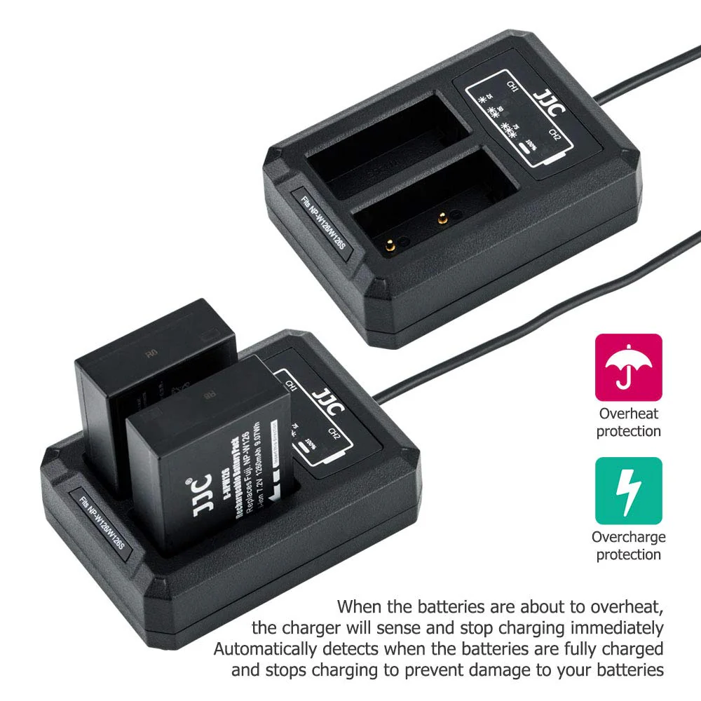 JJC NP-W126 NP-W126S Battery Charger USB Dual Slot for Fuji Fujifilm X100VI X100V X100F X-T50 XT50 X-T30II X-T30 X-T20 X-T10 X-T3 X-T2 X-S10 X-E4 X-E3 X-E2 X-E2S X-A7 X-T200 X-T100 X-H1 XPRO3 & More For Fujifilm NP-W126 or NP-W126S Battery Black - Image 6