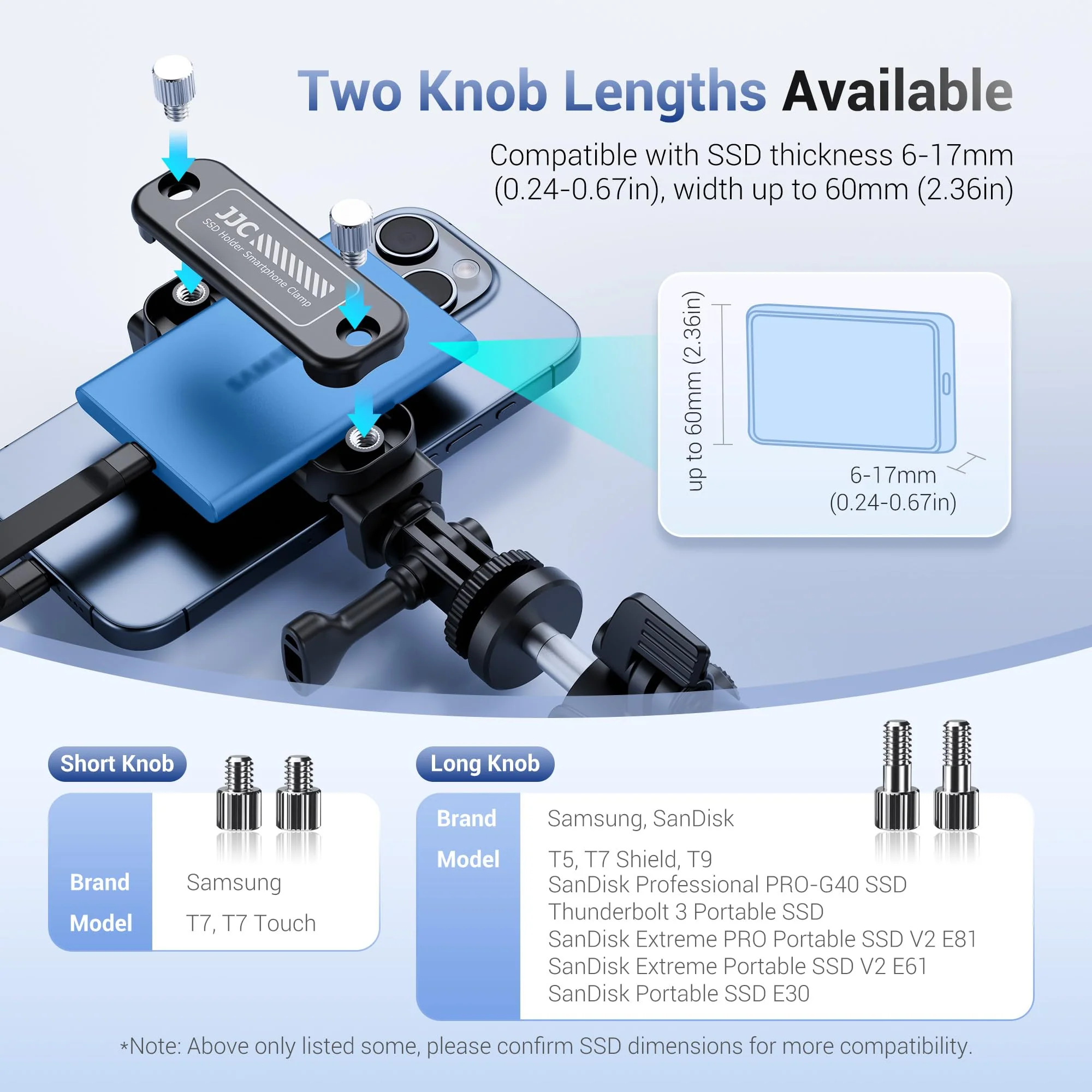 JJC SSD Holder Mount Bracket for Samsung T5 T7 T9, SSD Phone Tripod Mount with Phone Clip Clamp for Apple iPhone 16 15 14 13 Samsung Smartphone, with Cold Shoe Mount for Vlog Vlogging Video Recording - Image 3