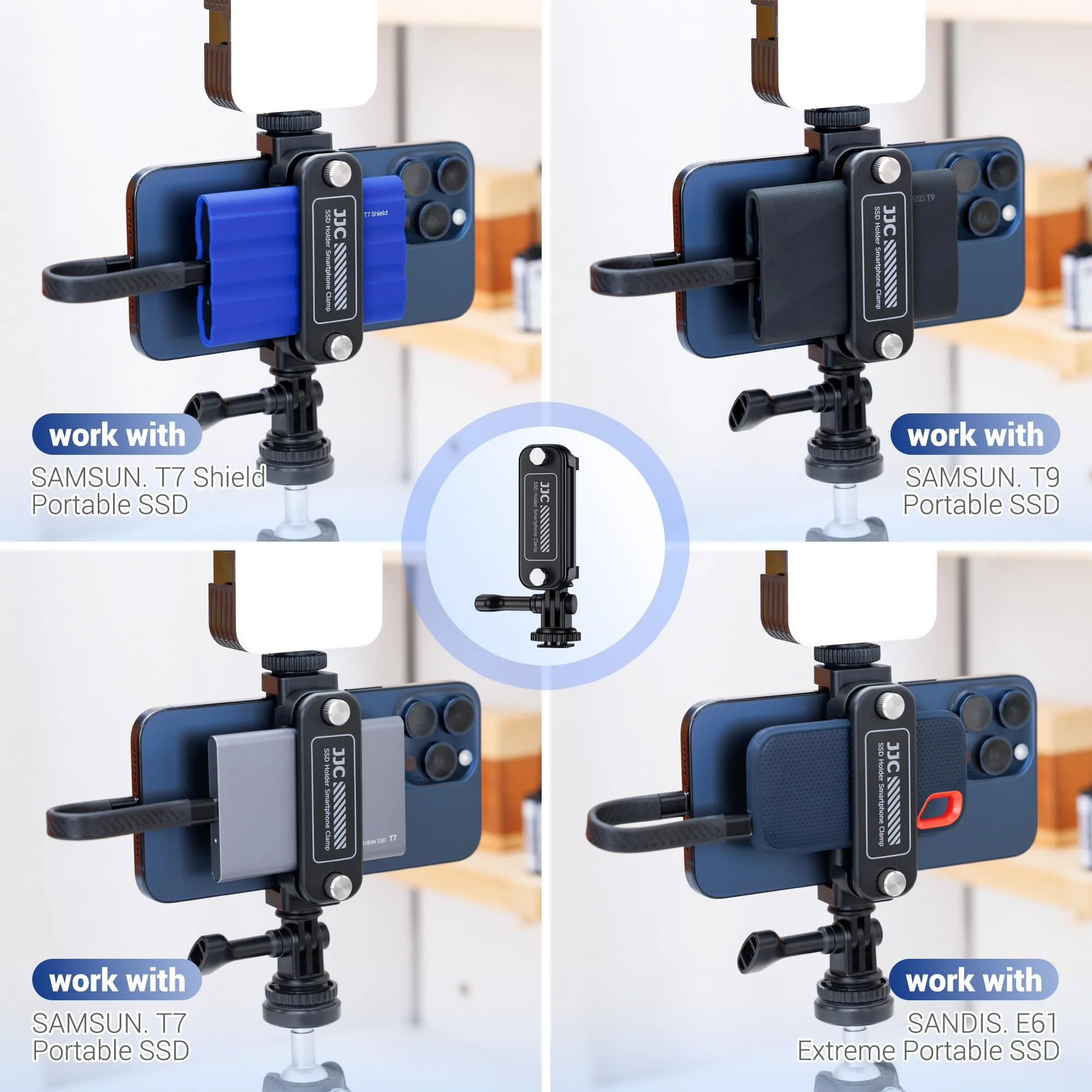 JJC SSD Holder Mount Bracket for Samsung T5 T7 T9, SSD Phone Tripod Mount with Phone Clip Clamp for Apple iPhone 16 15 14 13 Samsung Smartphone, with Cold Shoe Mount for Vlog Vlogging Video Recording - Image 4